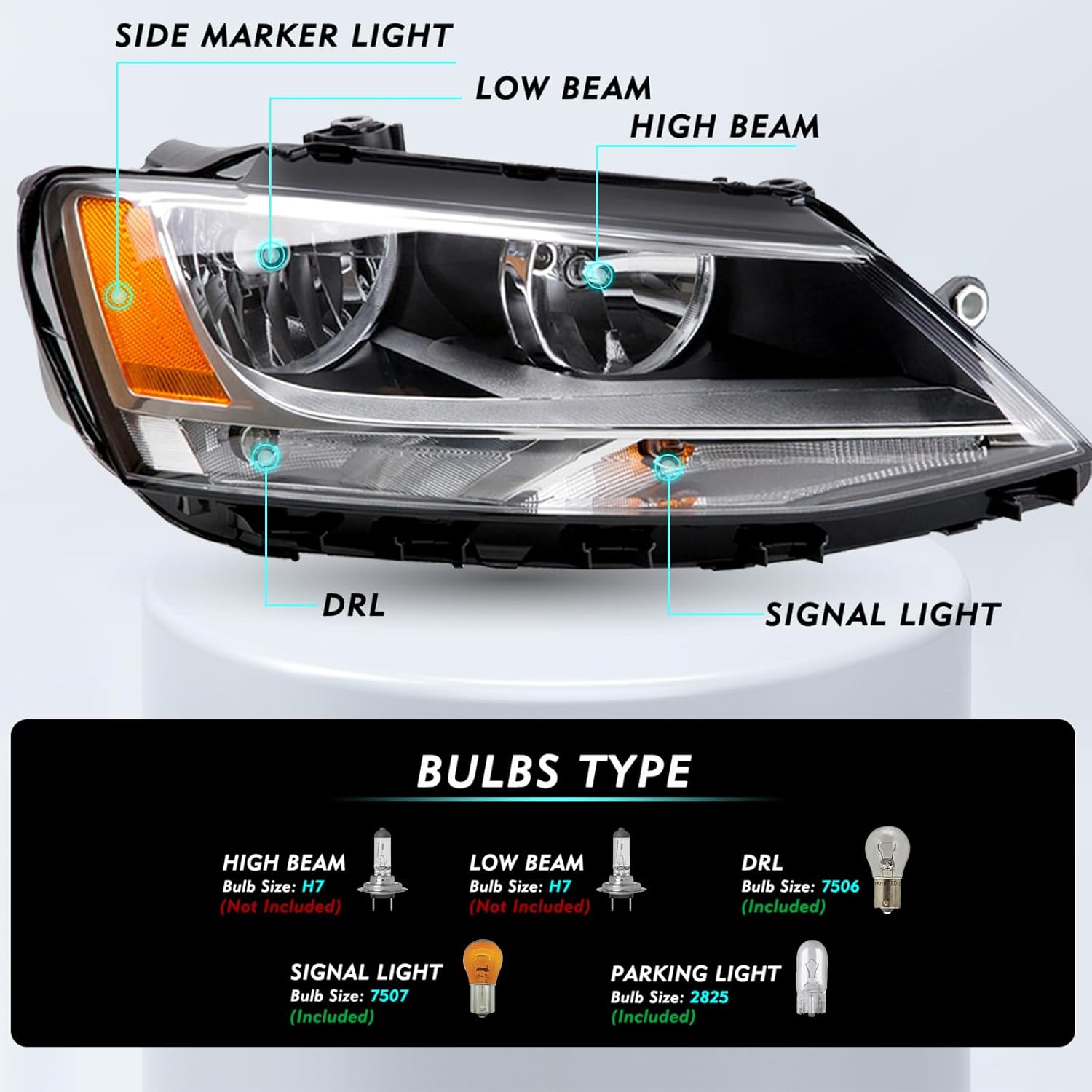 TUSDAR Front Headlights Assembly Compatible With 2011-2018 Volkswagen Jetta MK6, 11 12 13 14 15 16 17 18 VW Jetta MK6 OE Headlight Replacement Driver & Passenger Side Headlamps