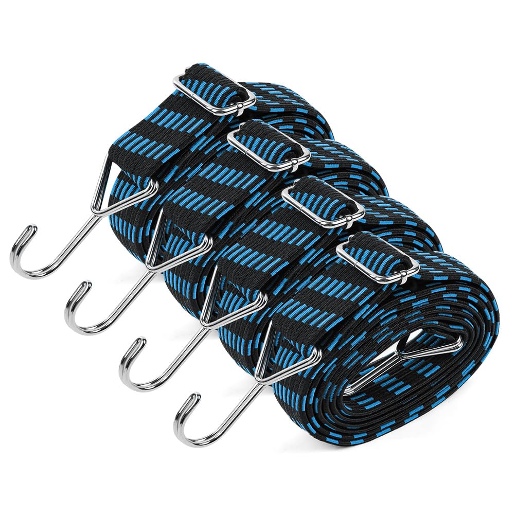 vesshe Bungee Cords With Hooks, 4 Pack 1m Long, Adjustable Flat Rubber Bungee Straps Elastic Rope, Anti-slip Heavy Duty Straps Rope for Luggage Camping Pool Tents Roof Racks Moving Cargo