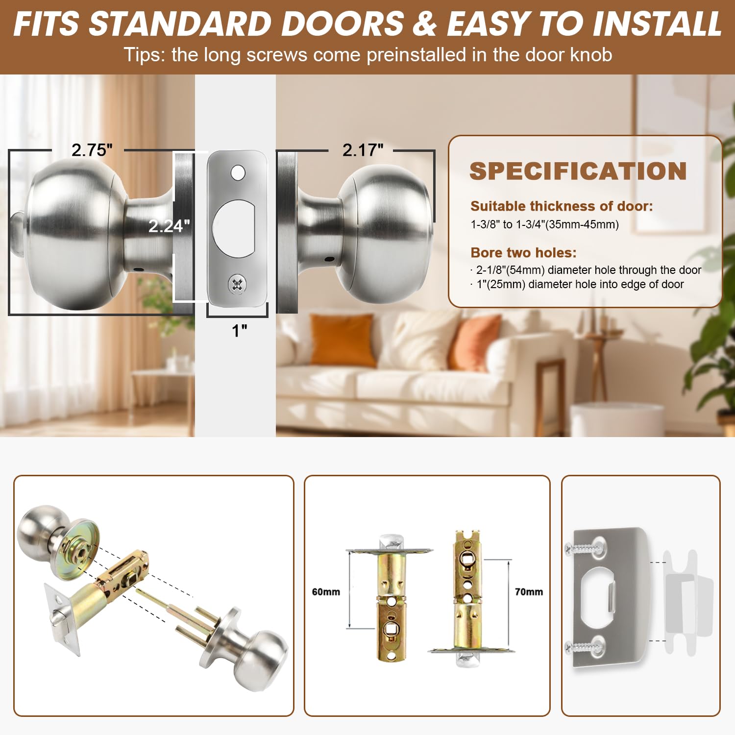 Satin Nickel Privacy Door Knobs - 4 Pack Locksets -4
