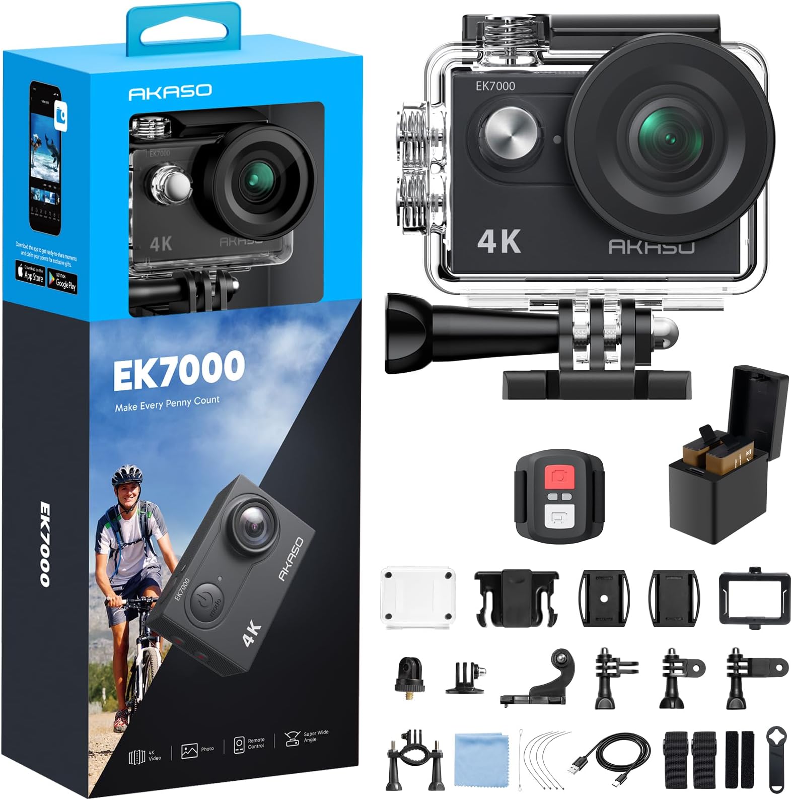 AKASO EK7000 4K30FPS Action Camera - 20MP Ultra HD Underwater Camera 170 Degree Wide Angle 98FT Waterproof Camera with Accessory Kit - Grey
