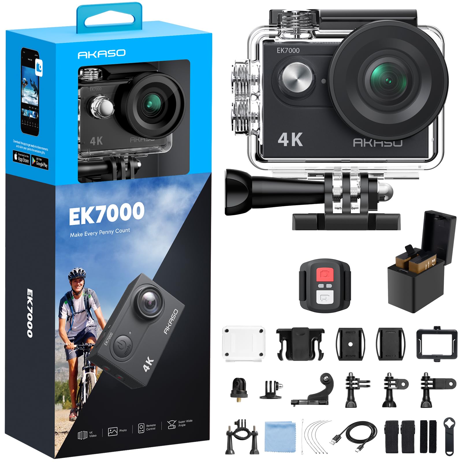 AKASO EK7000 4K30FPS 20MP WiFi Action Camera with EIS Ultra HD 131FT Waterproof Underwater Camera Remote Control 4X Zoom Support External Microphone Black