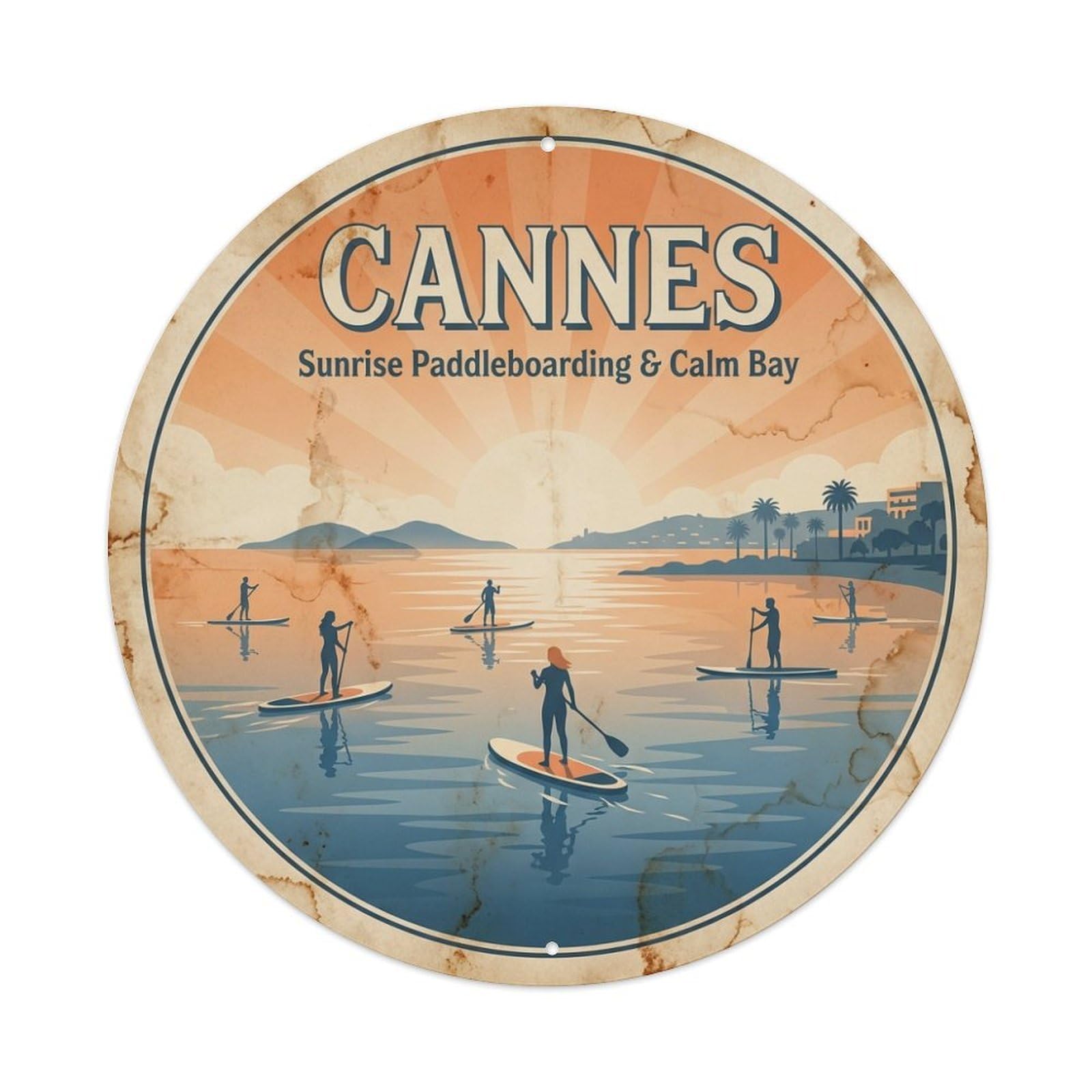 France Cannes Sunrise Paddleboarding Calm Bay Travel Metal Tin Sign
