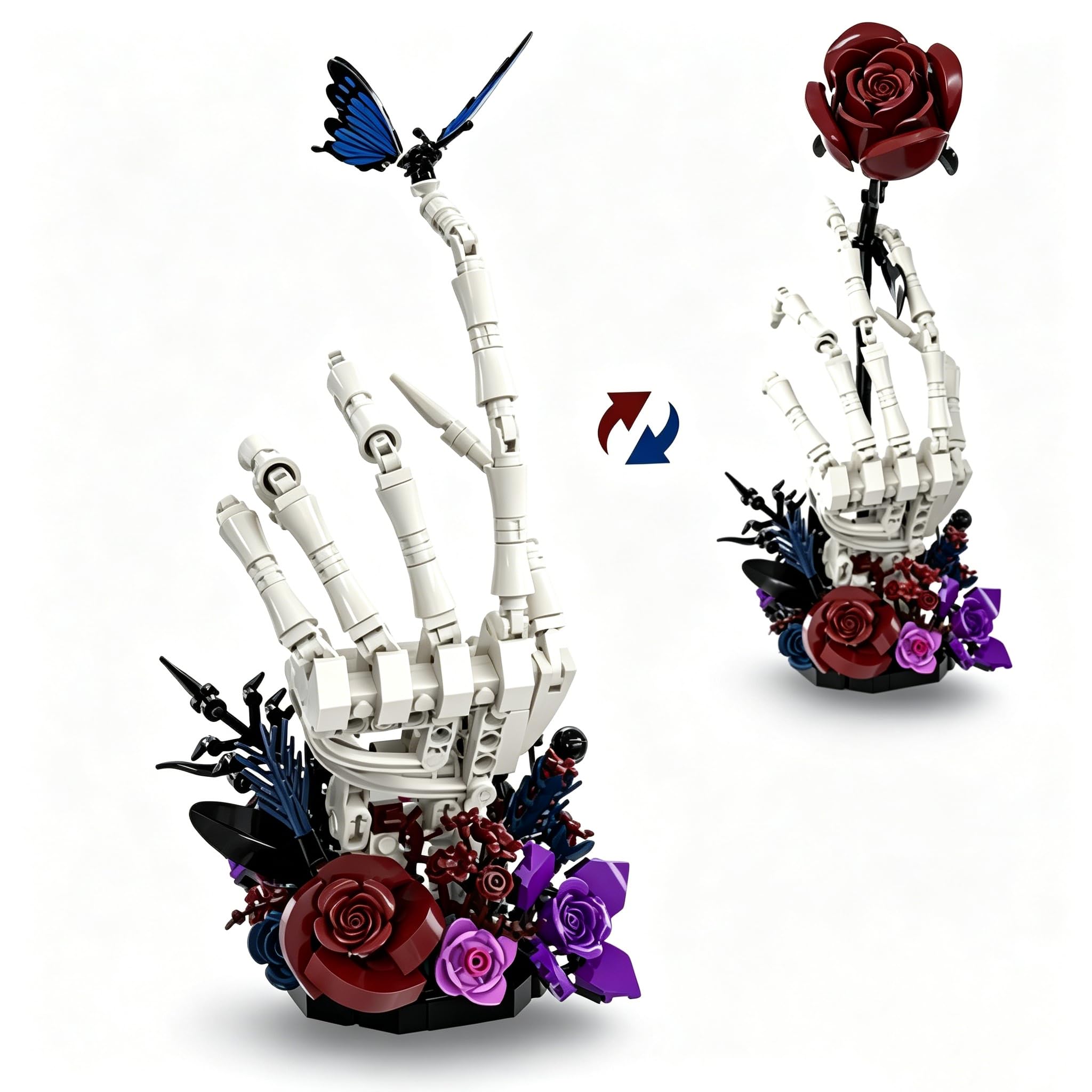 Skull Hand Rose Building Blocks Set, 2 in 1 Skeleton Hand Flower Butterfly Building Kit, MOC Gothic Horror Skull Bricks Model, Red Rose Flower Bricks Toy, Gifts for Adult and Teens, 450 PCS — image 1