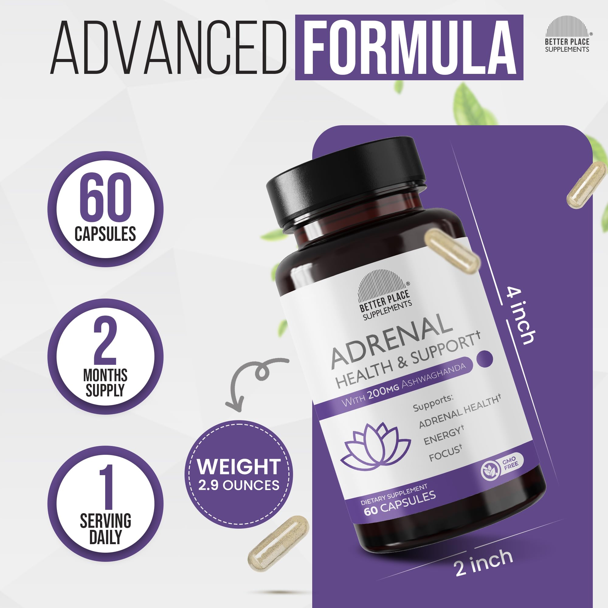 Better Place Supplements Adrenal Health & Support - 60 Capsules | Non-GMO Formula with L-Tyrosine & 200mg Ashwagandha | Supports Energy, Focus, Fatigue Relief (1) — Amazon image 3
