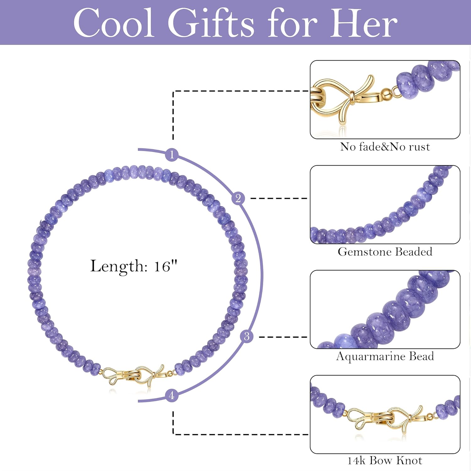 Btysun Gemstone Necklace, Valentines Day Gifts for Her Teens Beaded Necklace Choker Beaded Necklaces for Women Best Friend Birthday Gifts Girlfriend Trendy Stuff 14K Gold Bow Birthstone Bead Jewelry - Image 6