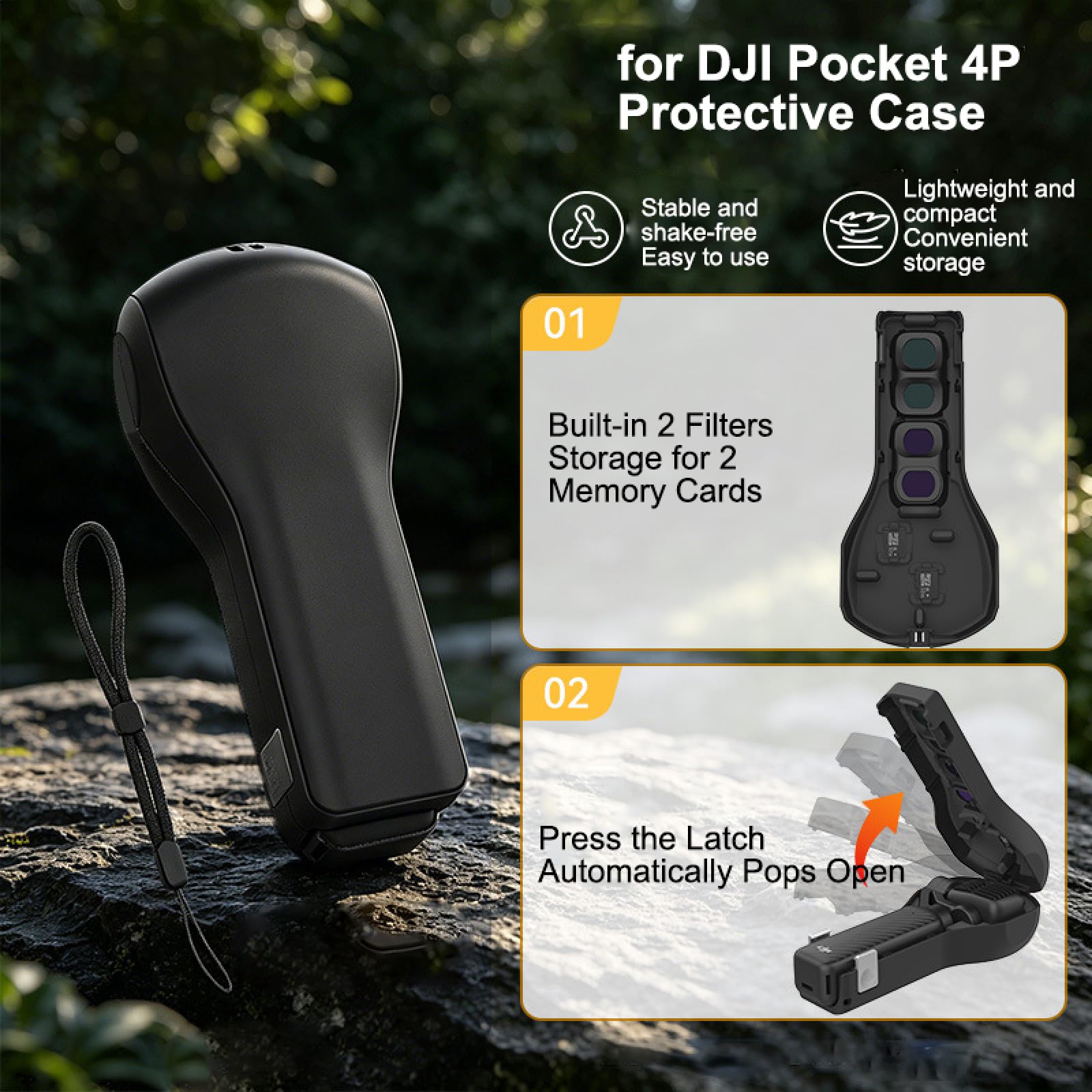 Custodia rigida protettiva per DJI Pocket 4Pro con chiusura a scatto, apertura con una sola mano, meccanismo a molla automatico, filtro integrato e slot per schede Micro SD