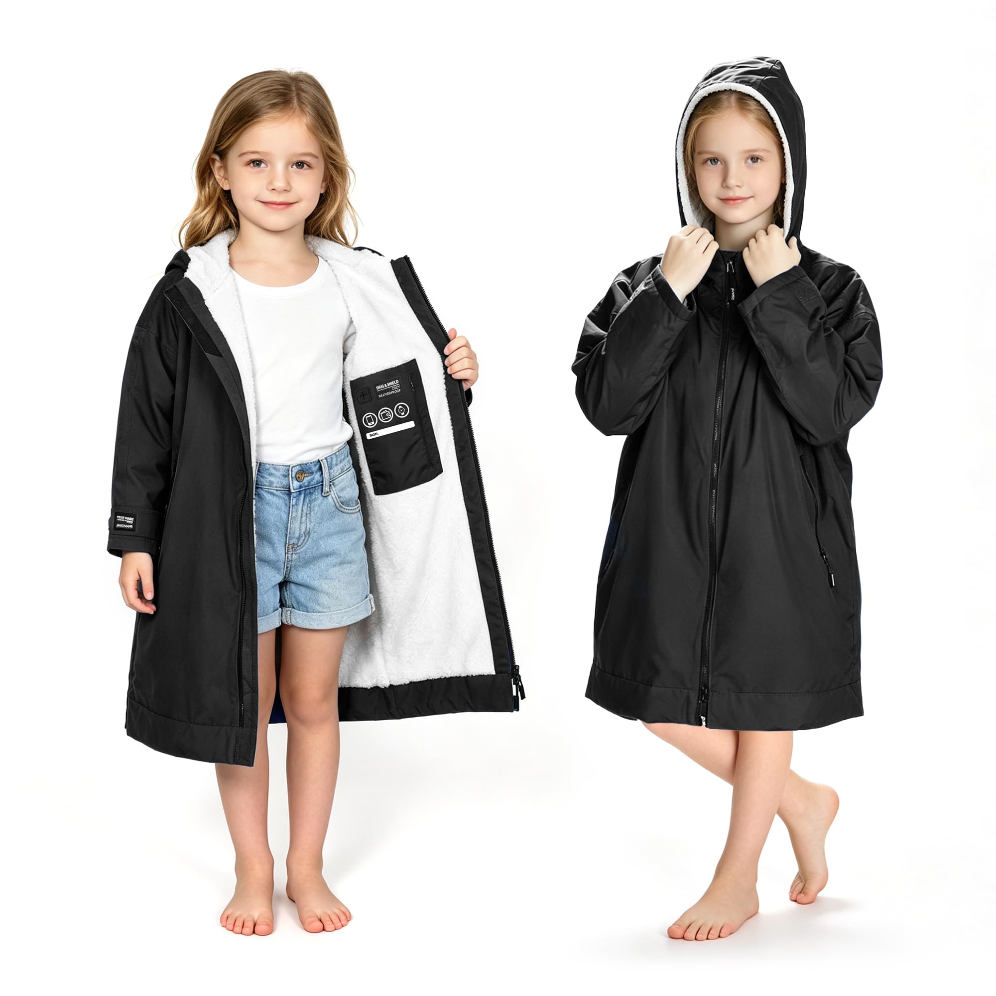 Catalonia Kids Waterproof Swim Parka with Hood, Sherpa-Lined Changing Robe