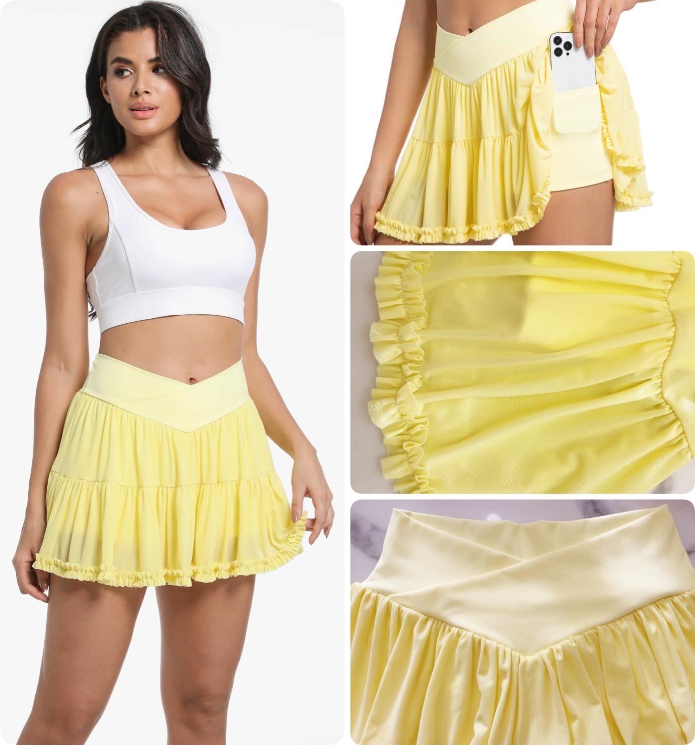 Cresay Women's Ruffle Mini Skirt High Waisted Athletic Skirts Pleated Tulle Skort with Shorts - Image 5