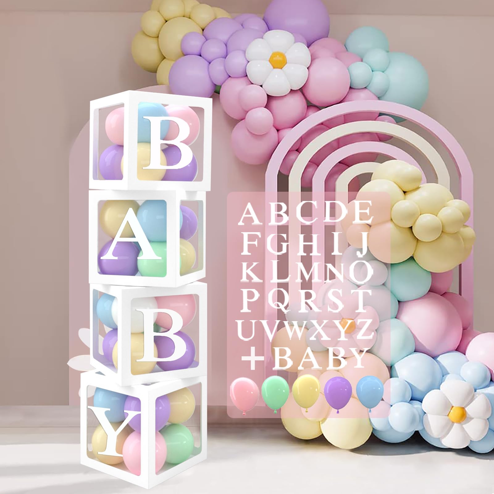 4 Pezzi Cubi Baby Shower, Trasparenti Scatola Palloncini con 52 Lettere (2 set di A-Z) Box