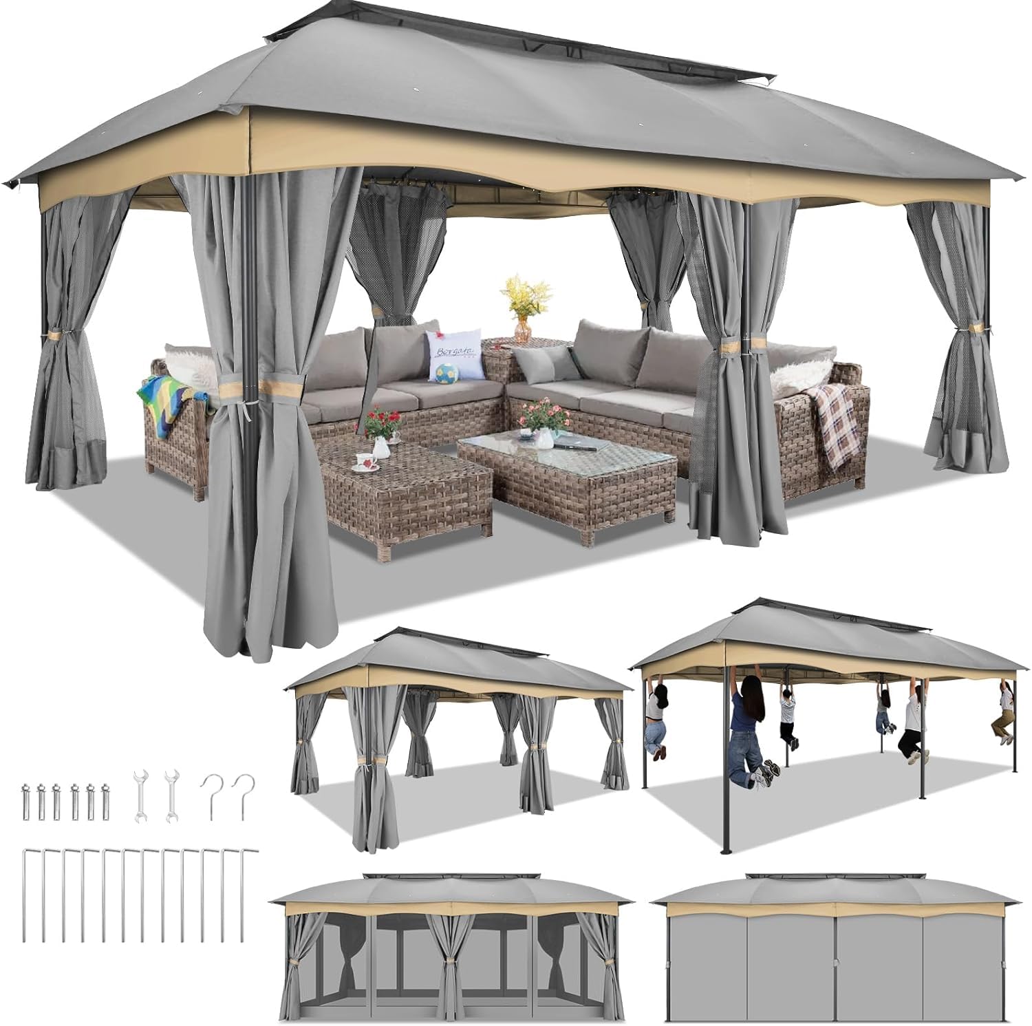 Hoteel Outdoor Gazebo 12X20 Patio Gazebo, Backyard Tent Canopy with Curtains and Nettings, Metal Gazebo with Double-Arc Roof Ventilation, Outdoor Tent for Lawn, Backyard, Patio & Deck, Gray