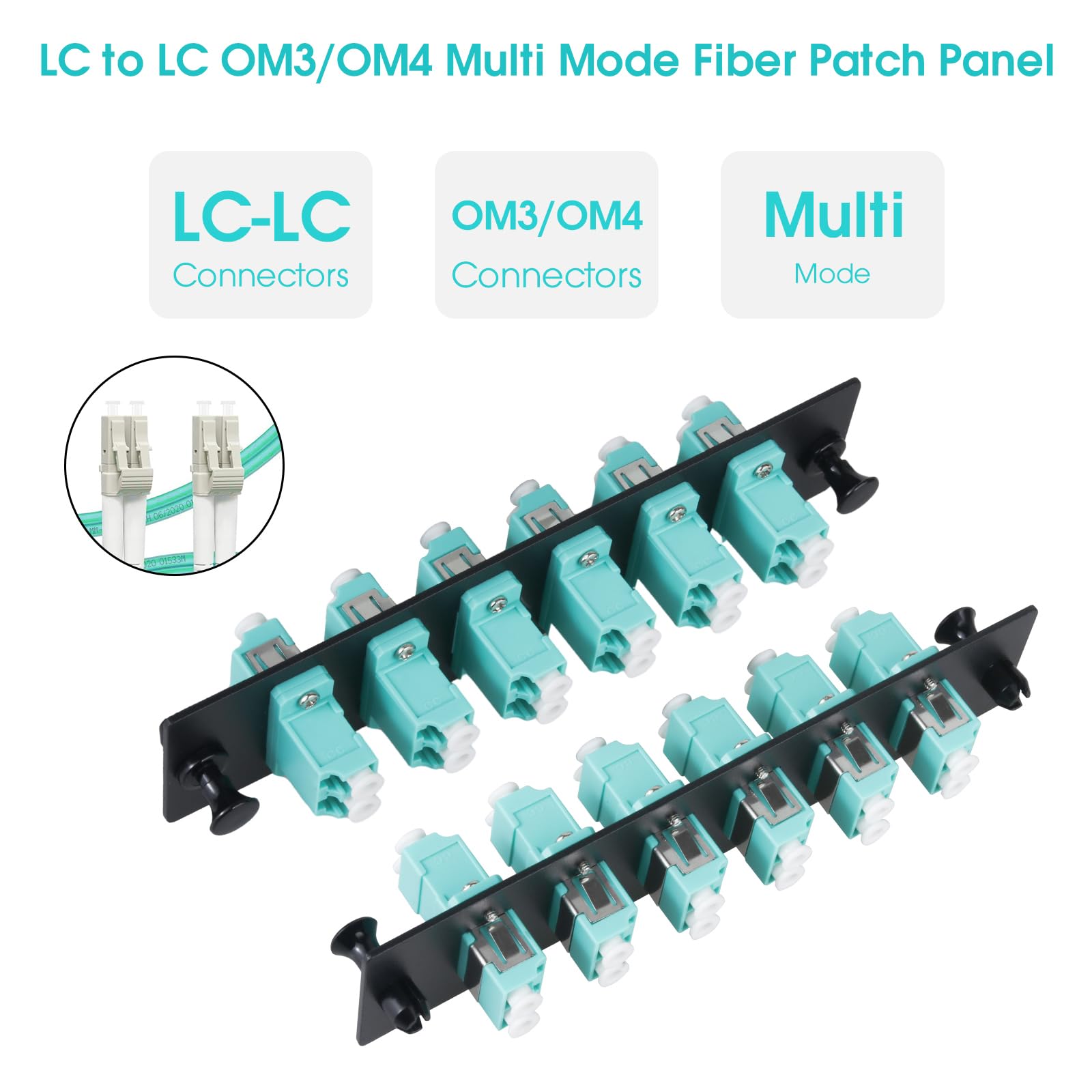 Lot de 2 panneaux de brassage en fibre duplex LC/OM3 avec adaptateurs LC duplex multimode bleu turquoise, 12 ports fibre
