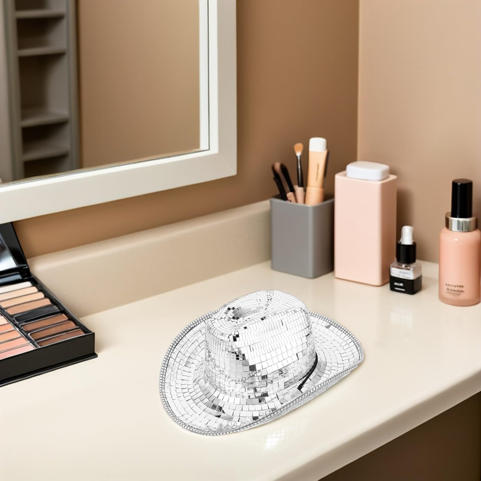 Chapeau Western Disco pailleté à Miroir argenté, Taille Unique, Accessoire pour soirées à thème et événements scène, Chapeau Cowboy Unisexe pour Festivals et Musique
