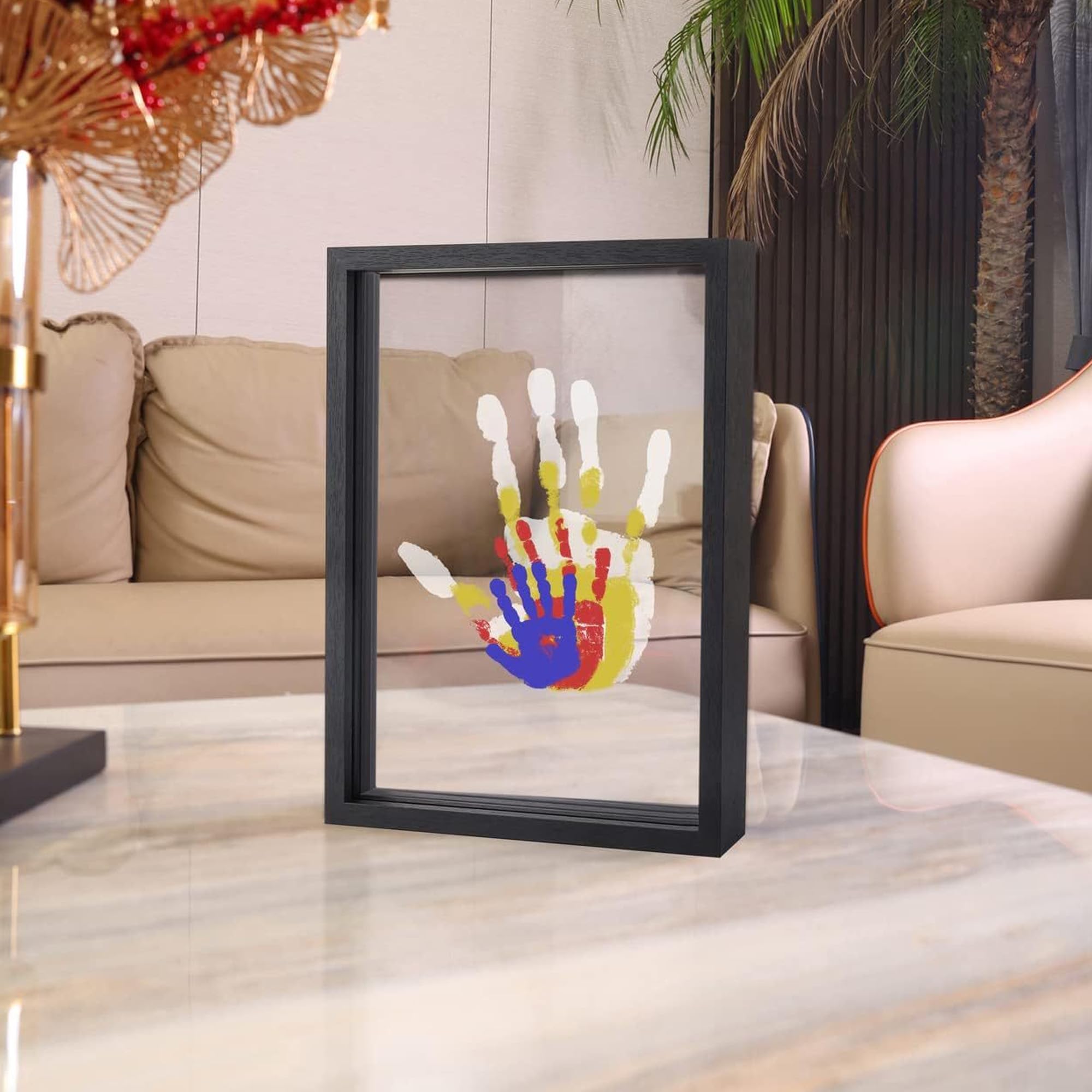 QSLKI Kit di Impronte di Mani per Famiglia, Nero, Cornice Impronta Mani e Piedi Neonati con Spazio, Kit di Impronte Delle Mani dei Membri Della Famiglia, 4 Deflettori, 6 Vernici, Stampa di Zampe