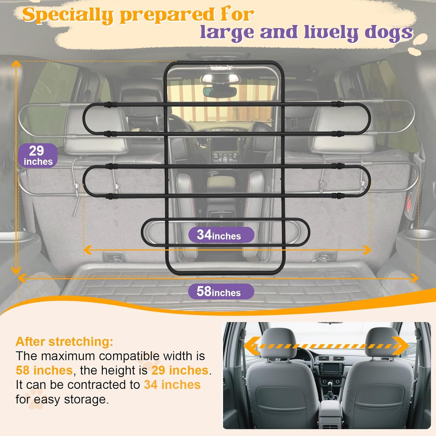 Adjustable Dog Car Barrier, Follow Seat Movement, 34-58" Width, Heavy Duty Metal Pet Gate, Easy Install Elastic Ropes, Universal Fit SUV Sedan Truck MPV Front/Back Seat