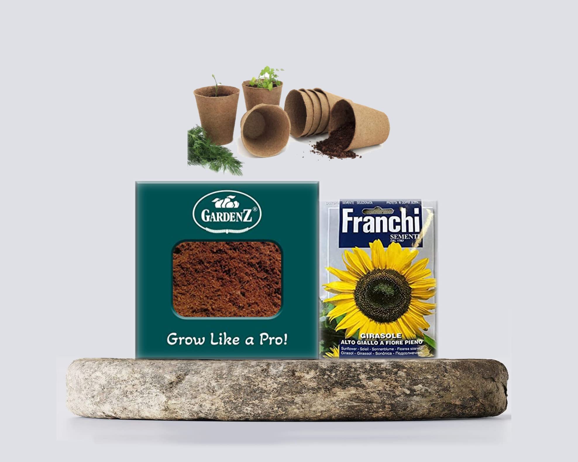 Bundle-pack Gardenz Soil Cocopeat for Indoor/Outdoor Plants 1.5 Kgs. | Sunflower Seeds | Model D3294| Brand FRANCHI | Origin Italy | Jiffy-Pots Seed Starting 8pcs