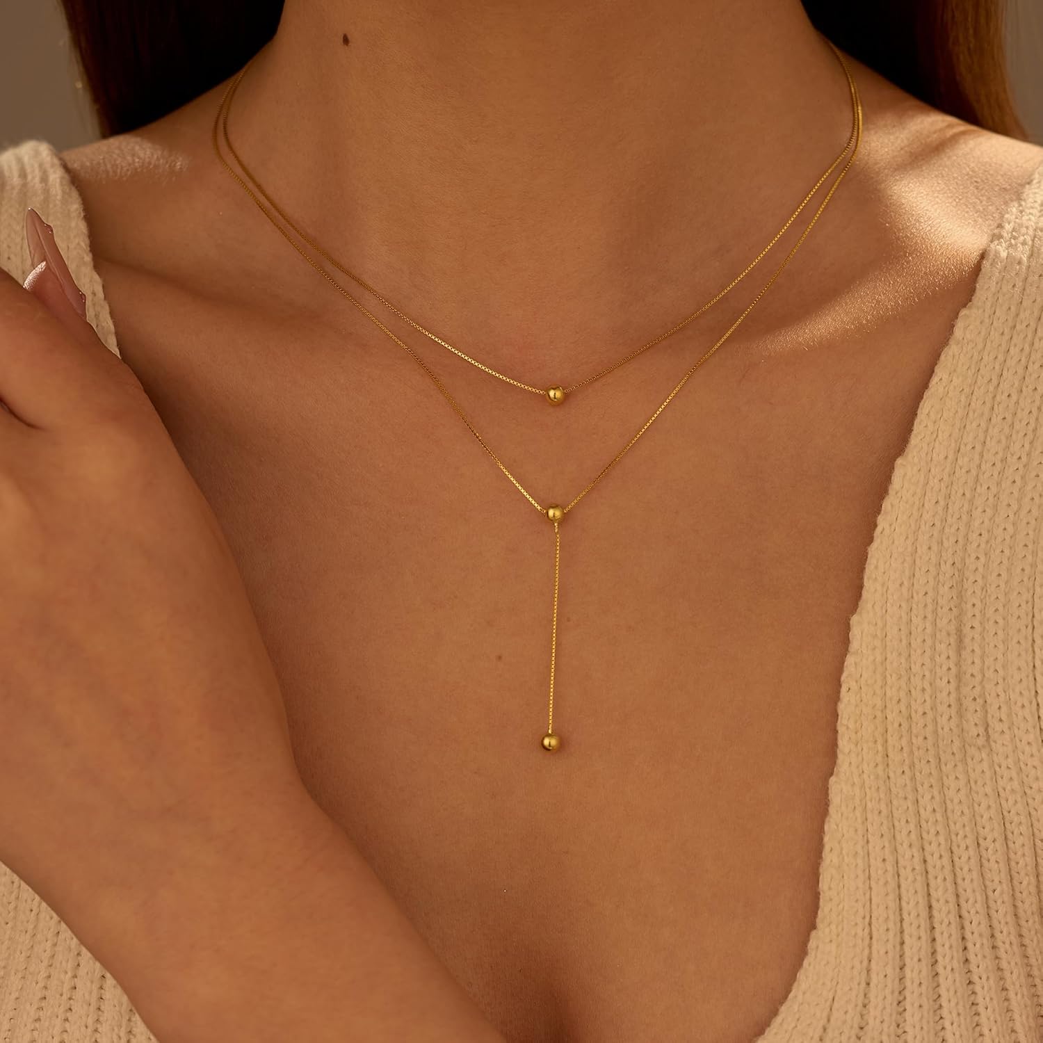 Y Shaped Layer Bead Pendant Necklaces for Women Mom 925 Sterling Silver Dainty Long Chain Necklace 14K Gold Plated Round Balls Multilayer Adjustable Trendy Drop Choker Mother's Day Birthday Jewelry Gifts