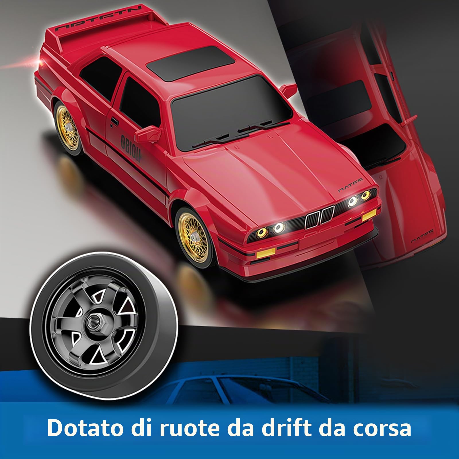 Macchina Telecomandata 2,4 GHz RC Drift Car - 30 km/h, Scala 1/16, Macchina da Drift da Corsa con Luci Anteriori e Posteriori Stile Retrò