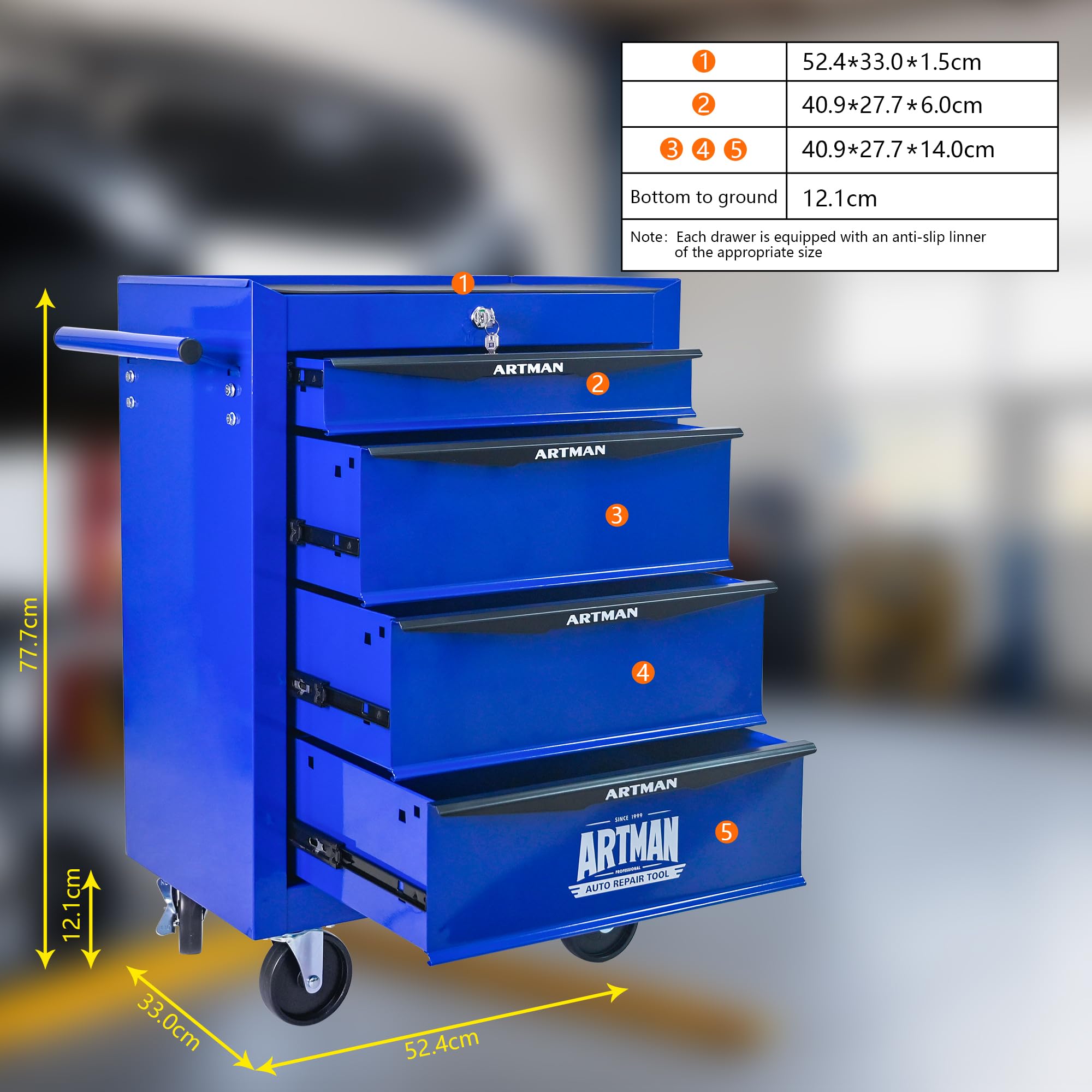 Rolling Metall-Werkzeugkiste con Steel, 4 Cassetti e Ruote con Freno, Armadio per Attrezzi 20" con Guide a Sfere, Organizzatore Garage e Officina, Nero e Blu, 52.4 x 33 x 65.6 cm