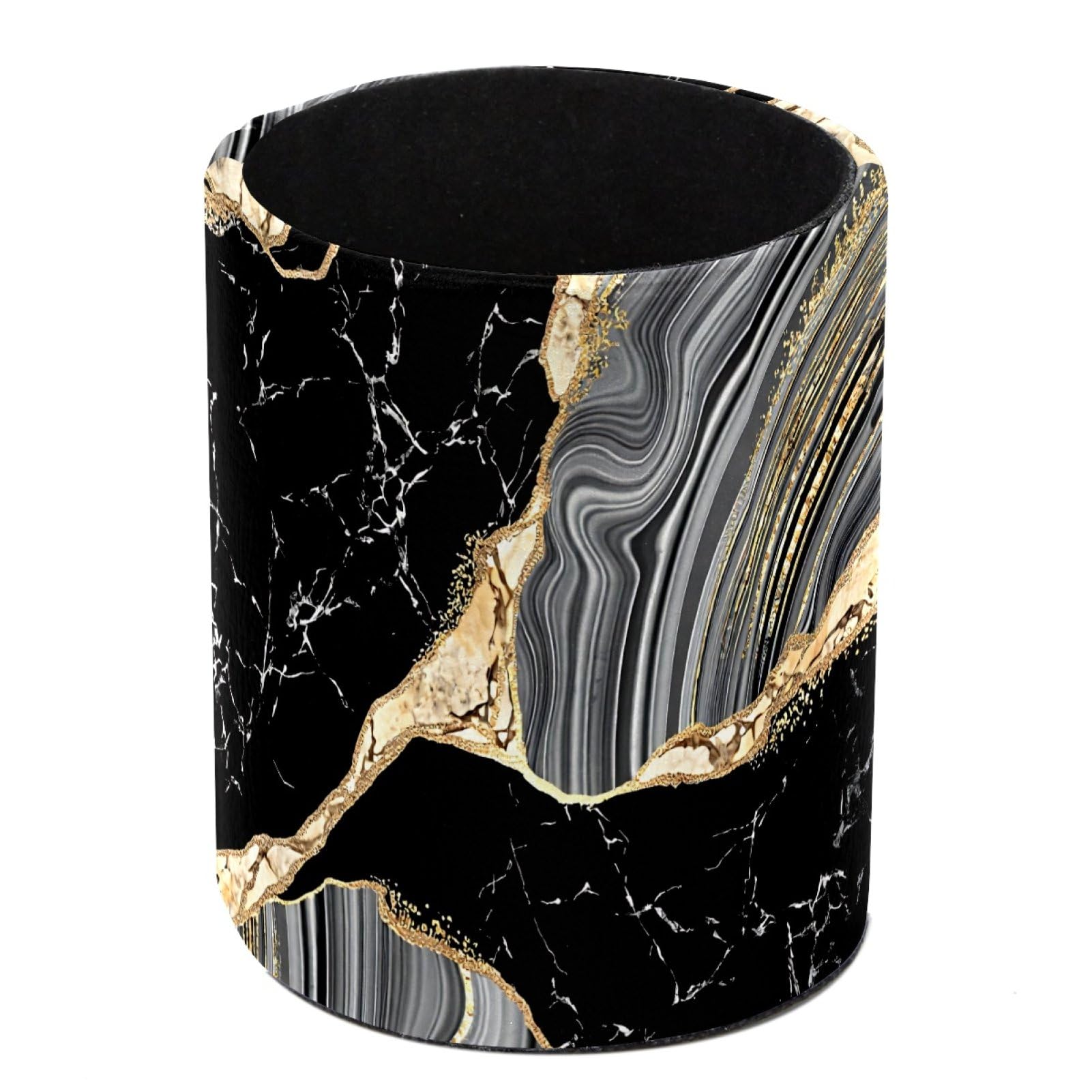 Luoweisi Black Gold Marble Pen Holder for Desk, Leather Pen Pot, Desk Pencil Holder Round Makeup Organiser Home Office School Suppliers
