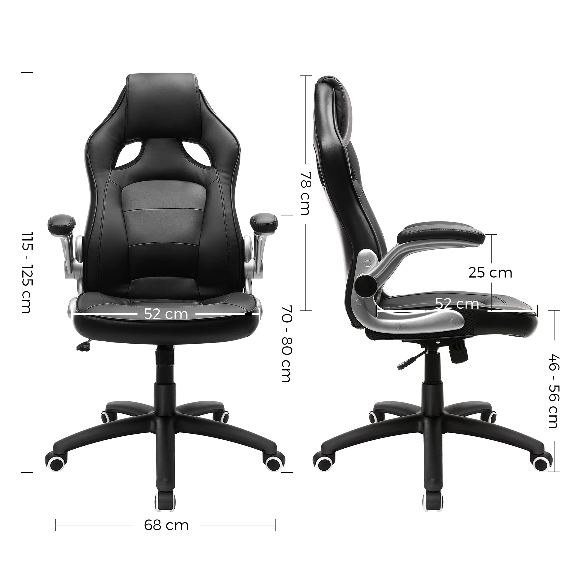 SONGMICS Chaise de bureau de forme sportive, pivotant, avec accoudoirs inclinables, Dossier haut, Hauteur réglable, Inclinable pour se balancer, Design ergonomique, Noir OBG62B 68 x 68 (115-125) cm