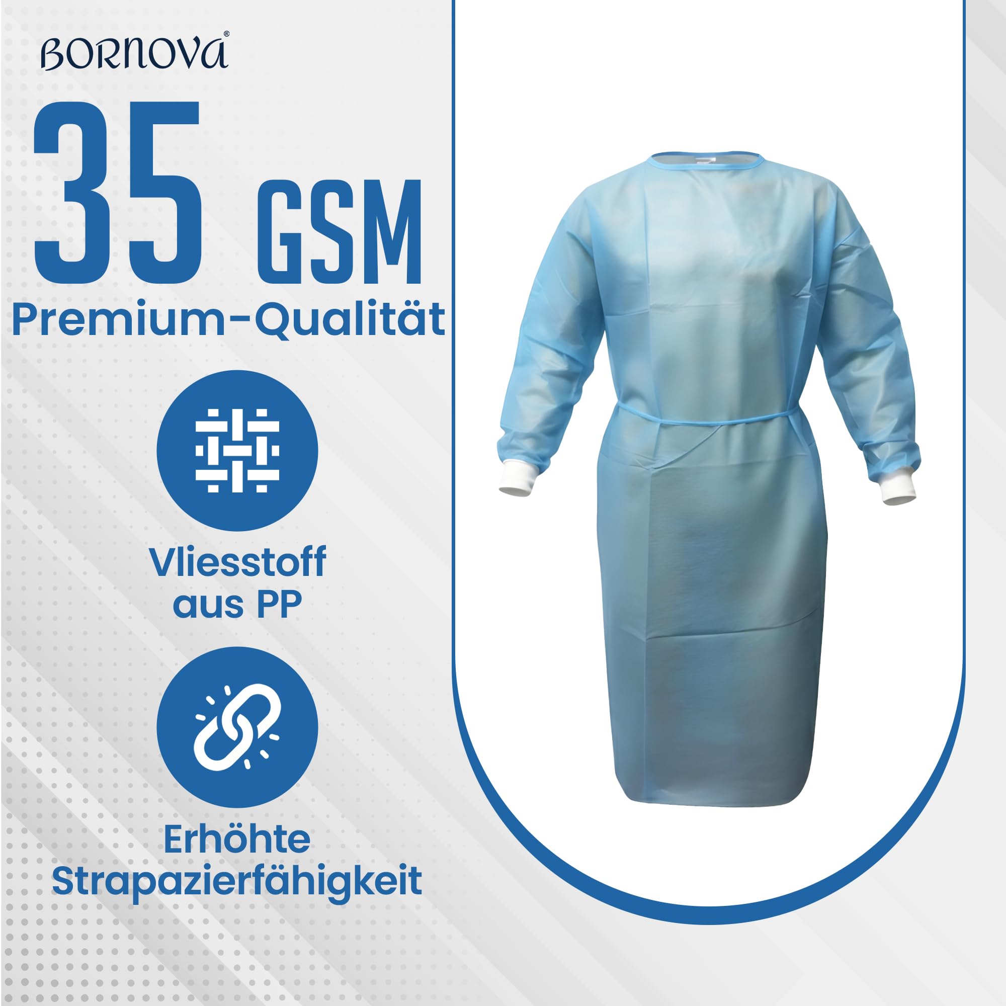 10 Stück - Patientenkittel & Isolationskittel – Einweg-Schutzkittel/Besucherkittel – Krankenhauskittel - Schutzkittel für Pflege – PP-Vlies – Universalgröße – Hellblau – 35 g/m² - BORNOVA