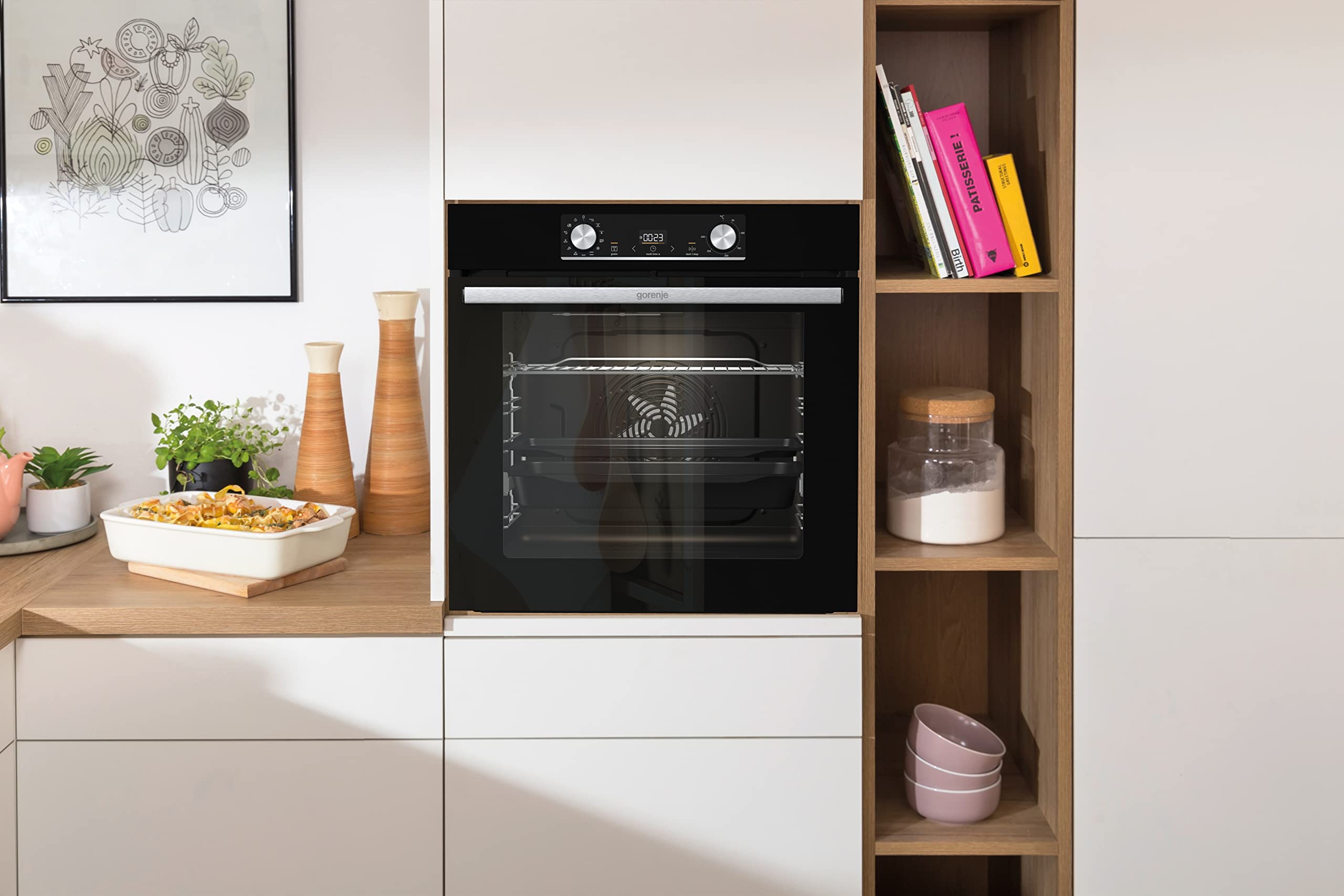 Gorenje OptiBake Black Steam Einbaubackofen-Set 77L Heißluft AquaClean GentleClose AirFry Pizzamode 300°C PerfectGrill Glaskeramik-Kochfeld schwarz