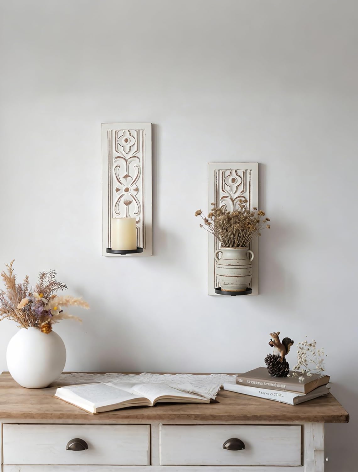 Rustic Candle Sconces Wall Decor Set of 2 - White Farmhouse Art Distressed Thickened Candles Shelf for Bathroom Bedroom Fireplace - Wood Wall Candle Holders for Pillar Candles Plants