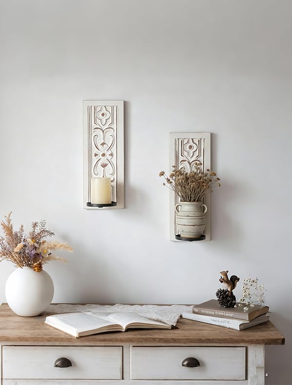 Walasis Rustic Candle Sconces Wall Decor Set of 2 - White Farmhouse Art Distressed Thickened Candles Shelf for Bathroom Bedroom Fireplace - Wood Wall Candle Holders for Pillar Candles Plants by Walasis - Image 8