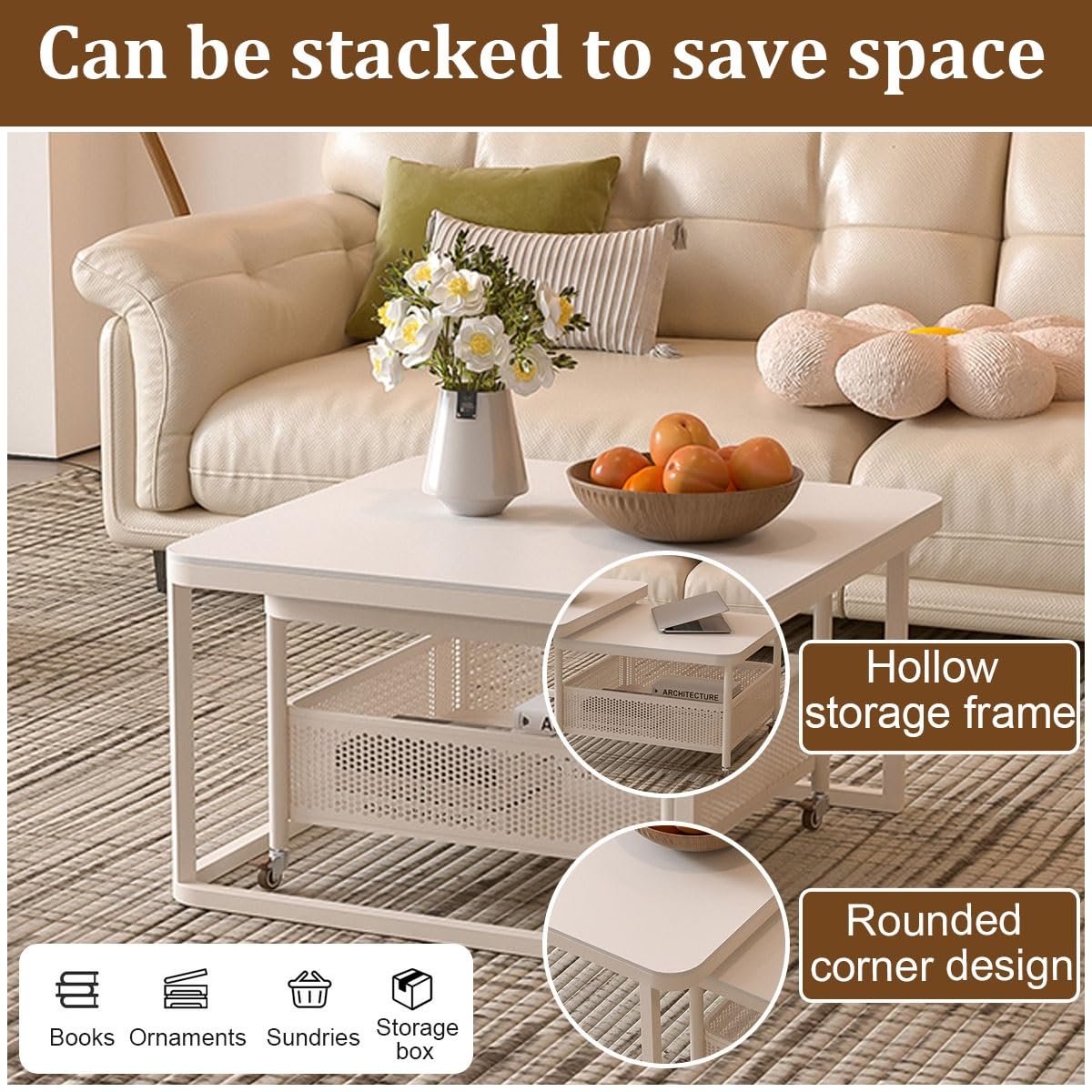 Set di 2 tavolini da caffè con contenitore, design a incastro, piano in pietra e struttura in acciaio, tavolini moderni per soggiorno, camera da letto, ufficio