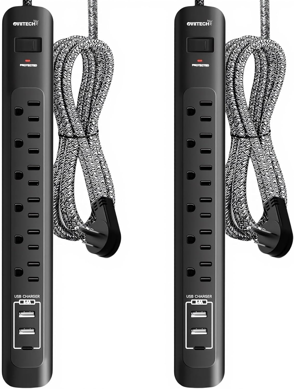 2 Pack Power Strip Surge Protector - 10 Ft Extension Cord with 6 Outlets with 3USB Ports（1 USB C） Port，1875W/15A, Flat Plug, Wall Mount Desk Charging Station for Home Office