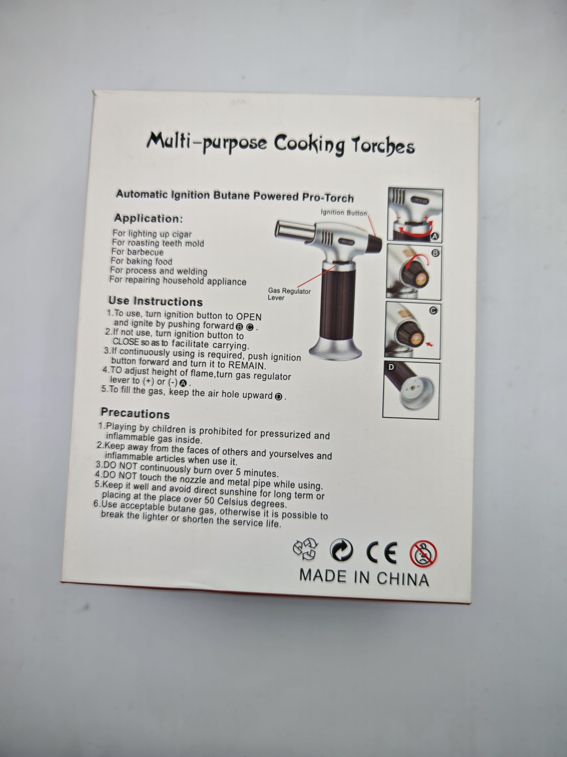S400 Briquet de cuisine rechargeable compatible avec toutes les boîtes de butane Flamme réglable Idéal pour les barbecues, pâtisseries, desserts et gâteaux à la crème.