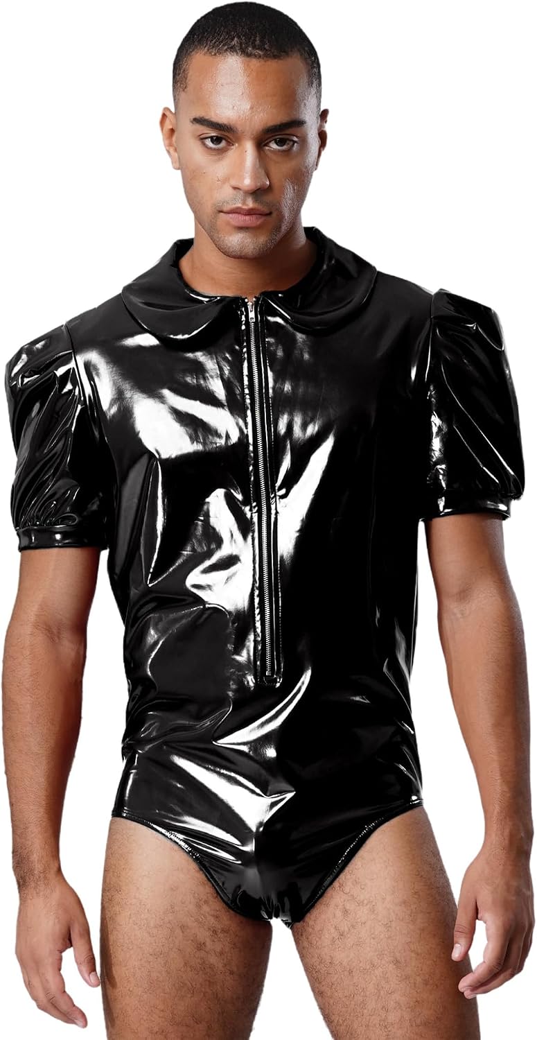 Mens Shiny Leather Jumpsuit Short Sleeve Zipper Lace Ruffled Bodysuit Halloween Costume