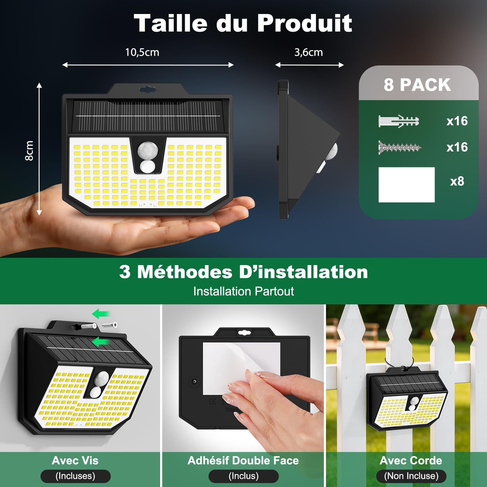 Lampada solare da esterno, 3 modalità luce solare per esterni, rilevatore di movimento, illuminazione esterna a LED solare IP65, impermeabile per parete, giardino, garage, carport e patio, confezione
