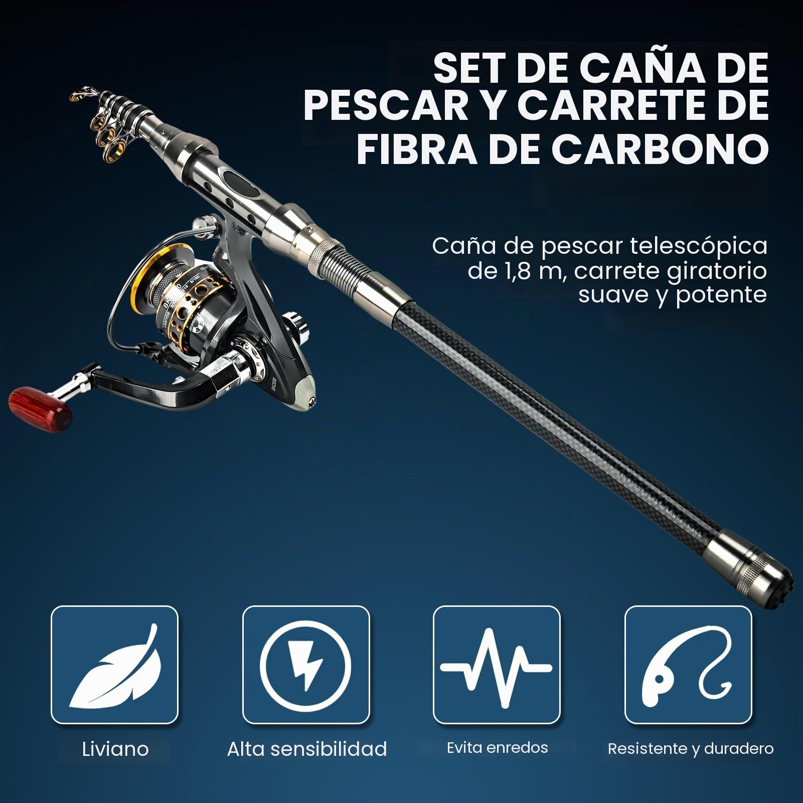 Juego completo de caña de pescar, caña de pescar telescópica de 1,8 m, con caña de pescar, carrete combinado, accesorios de pesca, bolsa de transporte, varilla de pesca para principiantes para agua