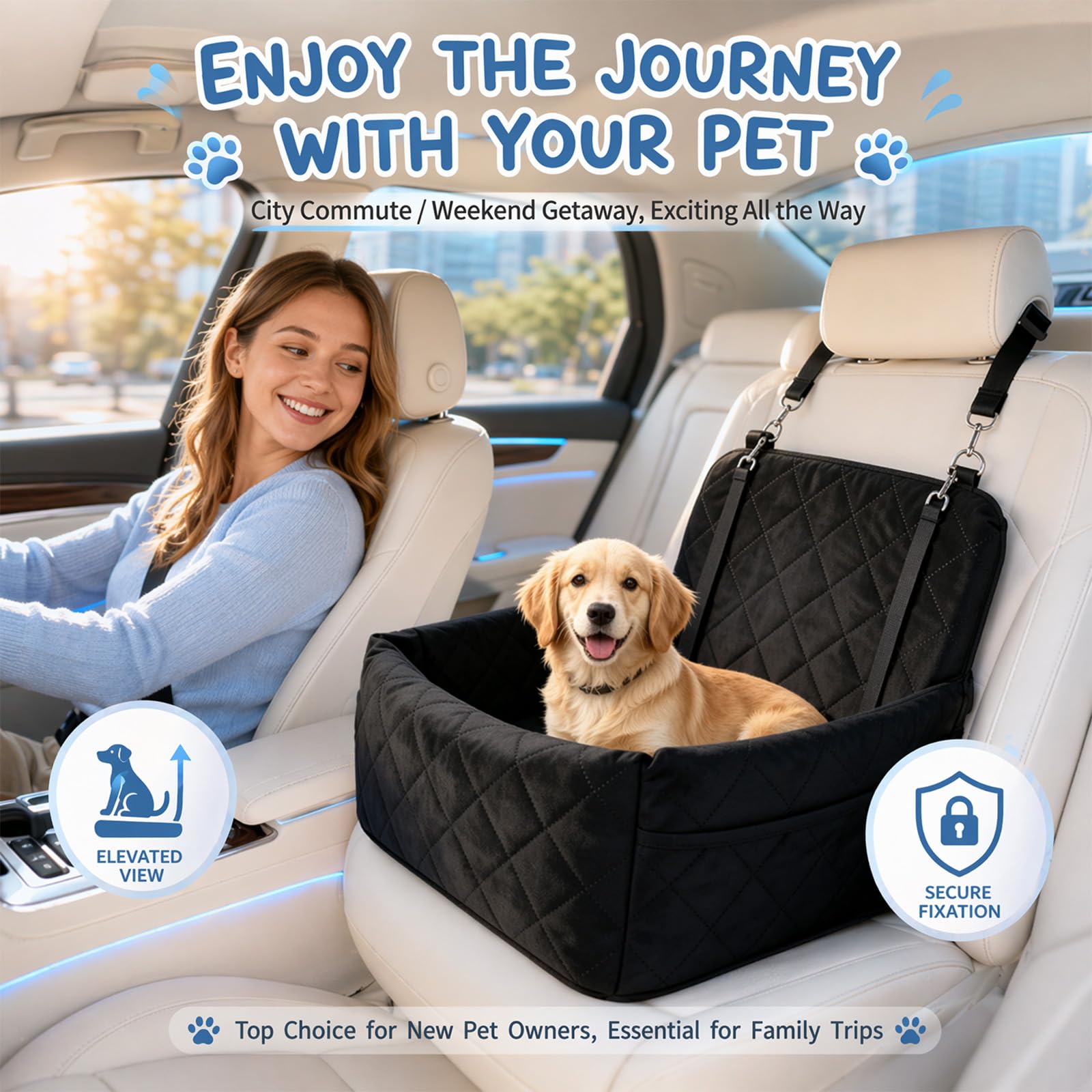 Seggiolino auto per cani, sedile posteriore per cani, con memory foam spessa, sedile sicuro per cani per auto con spessa memory foam, 2 cinture di sicurezza e fodera lavabile