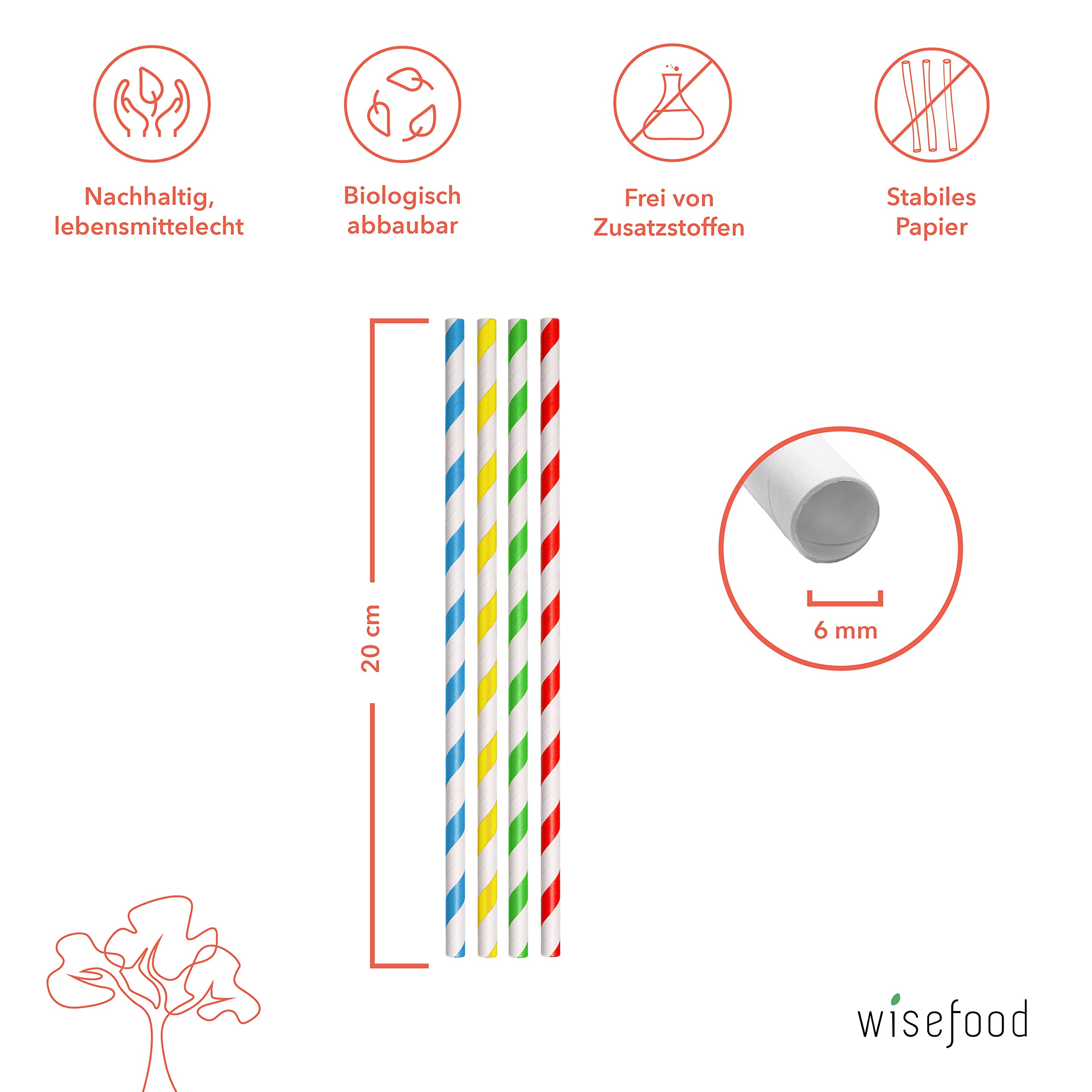 wisefood Pajitas de papel, 3600 unidades (36 x 100 unidades), multicolor, diámetro 6 mm x 20 cm, sin PLA/PE, biodegradables, de papel estable