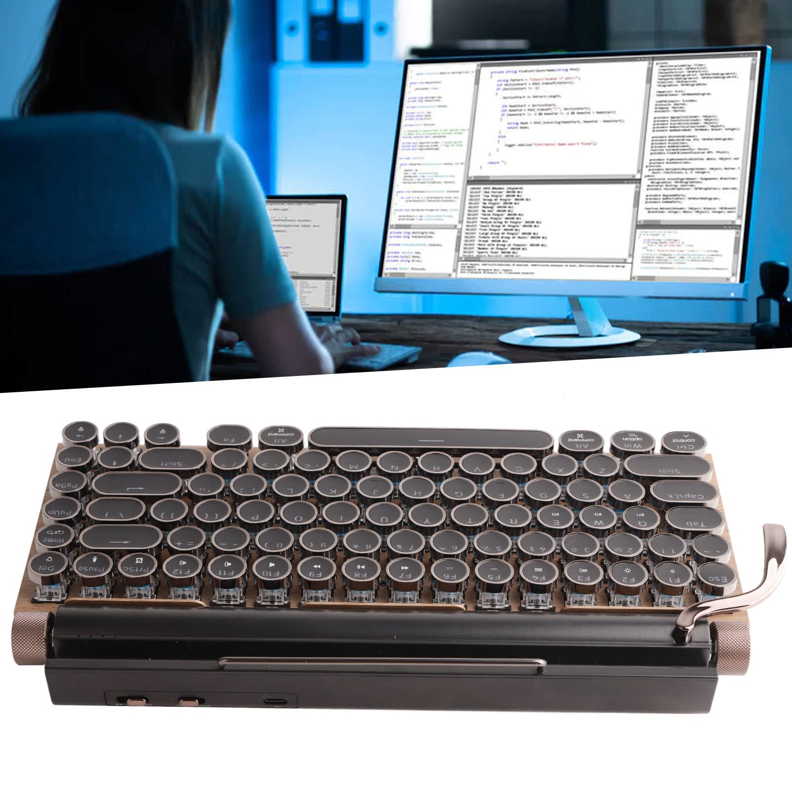KIMISS Clavier de Machine à écrire 83, Touches Mécaniques sans Fil Bluetooth Vintage avec Capuchon Rond en Métal Couleur Grain de Bois (Couleur du Grain du Bois)