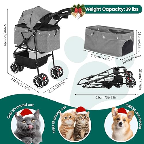 Miniatura 2 de Cochecito para mascotas, cochecito para perros pequeños y medianos, gatos, 3 ruedas, plegable, con toldo de malla transpirable, portavasos, fácil