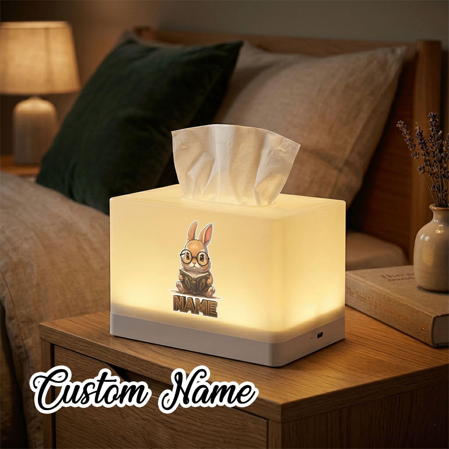 Personalized Bunny Night Light Tissue Box Cover with Custom Name, Rechargeable LED Lamp for Kids Bedroom and Nursery Decor image 4