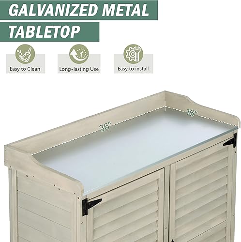 Miniatura 4 de Banco para macetas al aire libre con parte superior de trabajo de metal, gabinete de almacenamiento de jardín impermeable, estación de herramientas