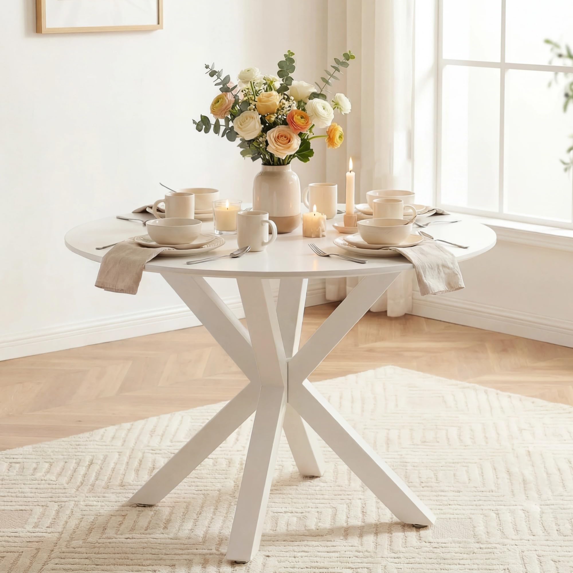 42 inch White Round Dining Table, 4-6 Person Modern Circle Table with X-Shape Metal Legs