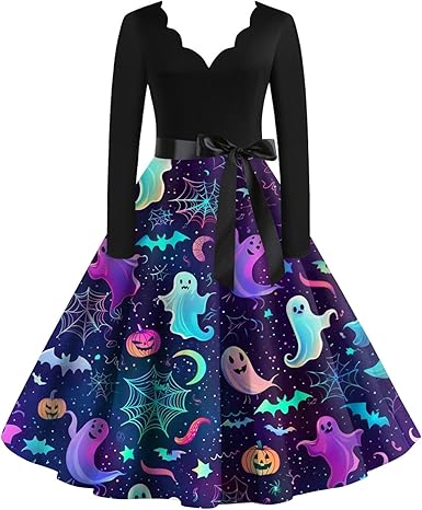 OIOLOYJM Sexy Plus Size Halloween Costumes Woman 2025 Long Sleeve V Neck Printed Gothic Retro Formal Party Dresses for Women