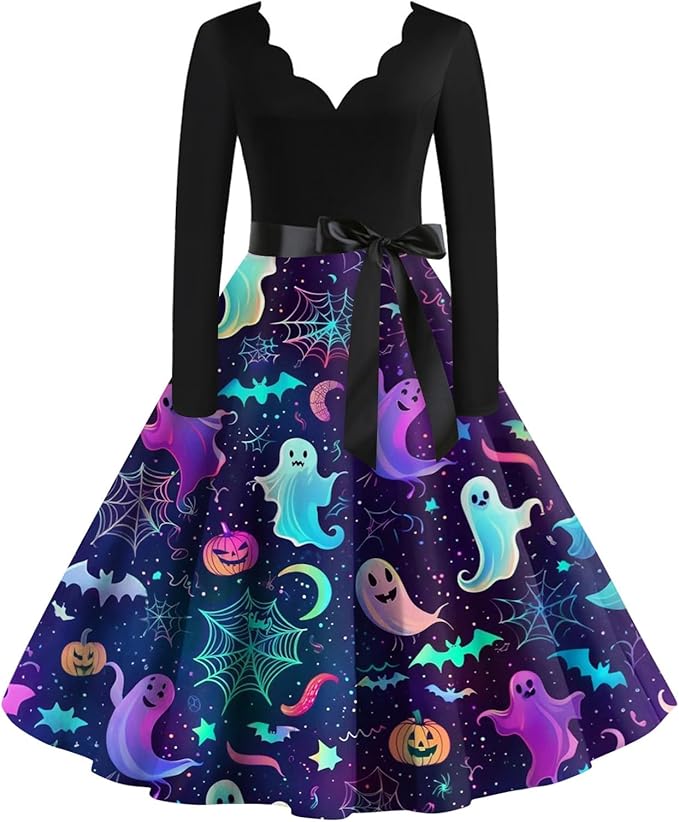 OIOLOYJM Sexy Plus Size Halloween Costumes Woman 2025 Long Sleeve V Neck Printed Gothic Retro Formal Party Dresses for Women