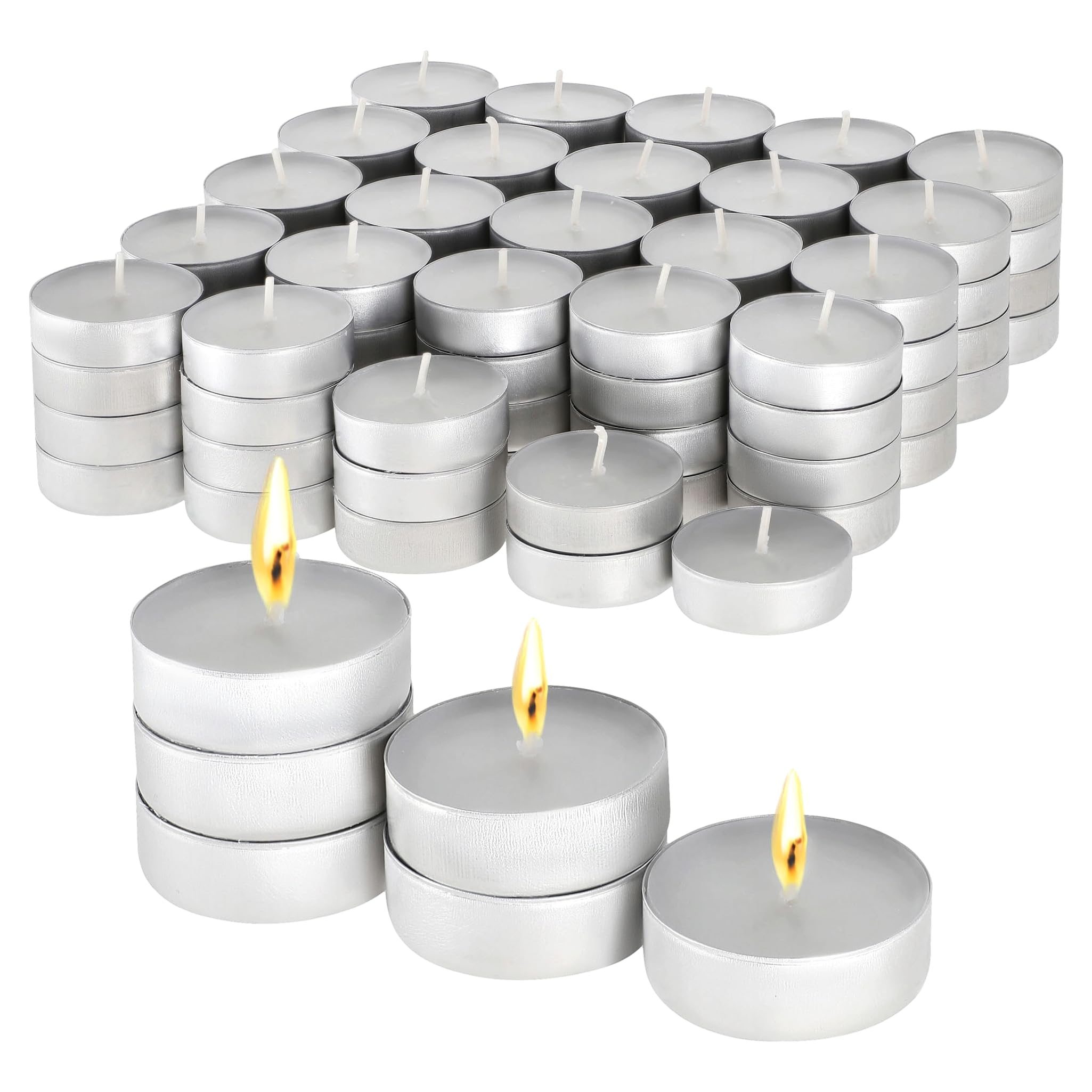 Tea Light Candles 4 Hours - White Unscented Smokeless Tealights - Bulk 50 Pack - 39 mm x 14 mm - Long Burning Night Lights for Weddings, Parties, Restaurants, Home, Decor - Paraffin Wax, Cotton Wick