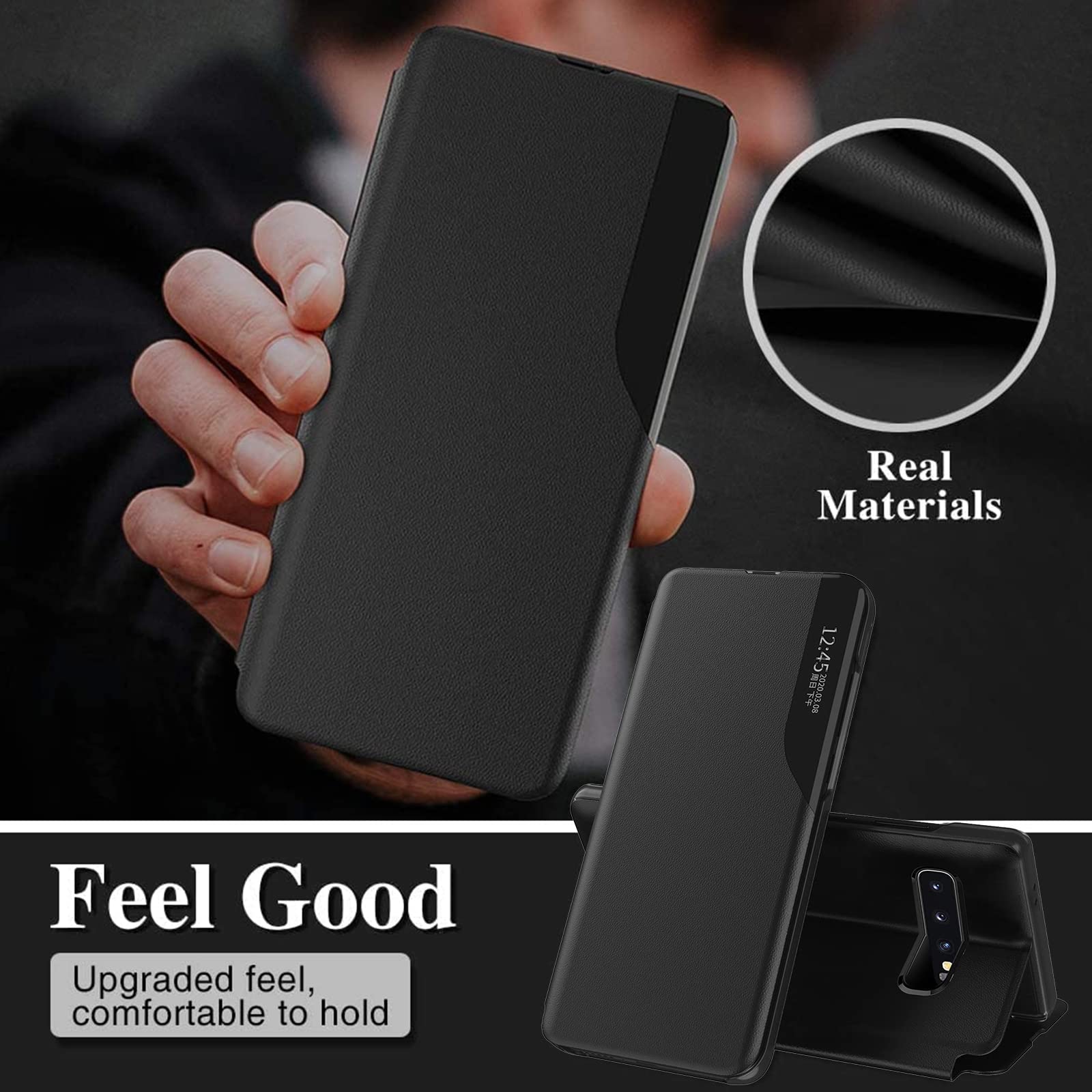 Carcasa para Samsung Galaxy S10 Plus de piel magnética Clear View Funda con tapa para Galaxy S10 Plus, carcasa 360 antigolpes, antiarañazos, función atril para Samsung S10 Plus, color negro