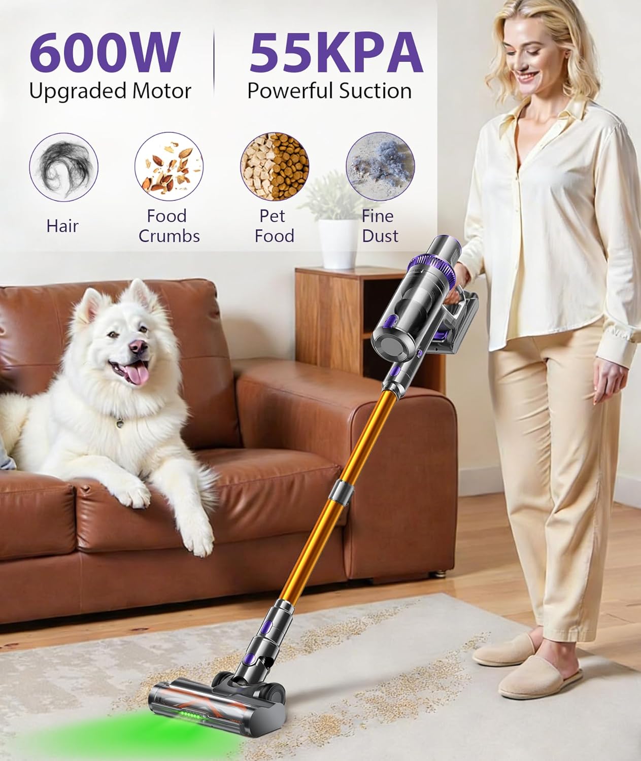Cordless Vacuum Cleaner, 600W 55KPA 60Mins Vacuum Cleaners for Home,Anti-tangle Wireless Vacumm,Rechargeable Vacuum With Green Light,Powerful Stick Vacuum for Carpet/Hardwood Floors,Pet Hair,Purple