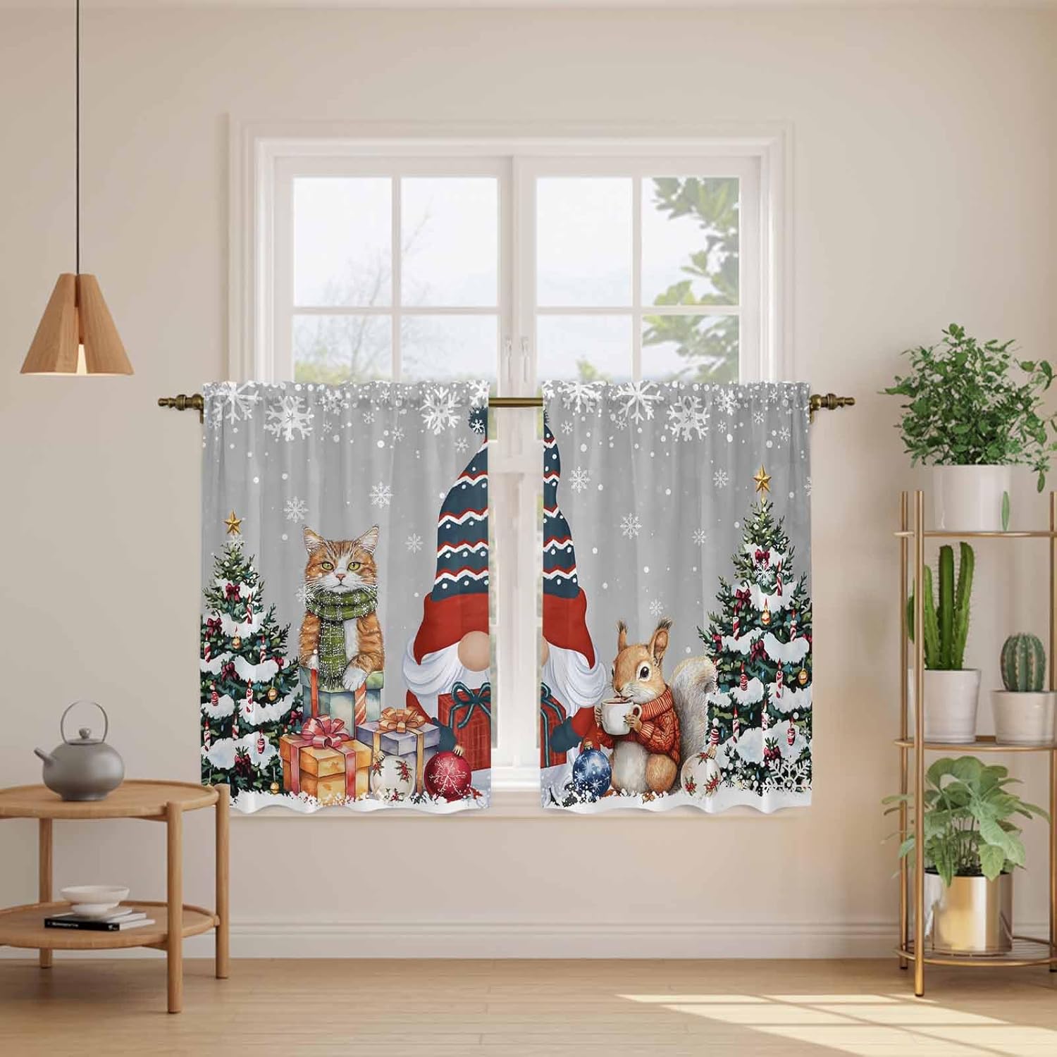 Grey Christmas Kitchen Curtains 45 Inch Long 2 Panel Set, Rod Pocket Window Treatment, Winter Gnomes Squirrel Xmas Pine Tree Snow Light Filtering Panels Short Drapes for Bathroom Camper 42"W x 45"L