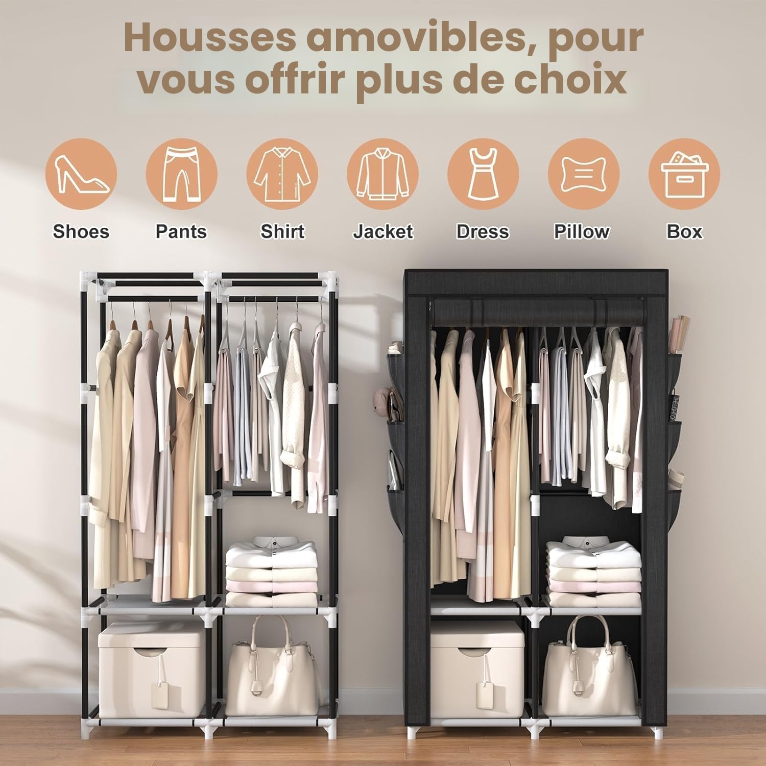 Armoire portable en tissu Vêtements suspendus 4 étagères 2 tringles 6 poches Stable Facile à assembler Couvercle Chambre à coucher Noire