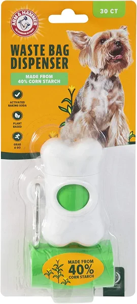 Arm and Hammer Dog Bone Poop Bag Dispenser, 30 Plant-Based Bags, White | 9 x 14 In Bags with Activated Baking Soda for Odor Control, Attaches to Leash, Bag or Belt Loop