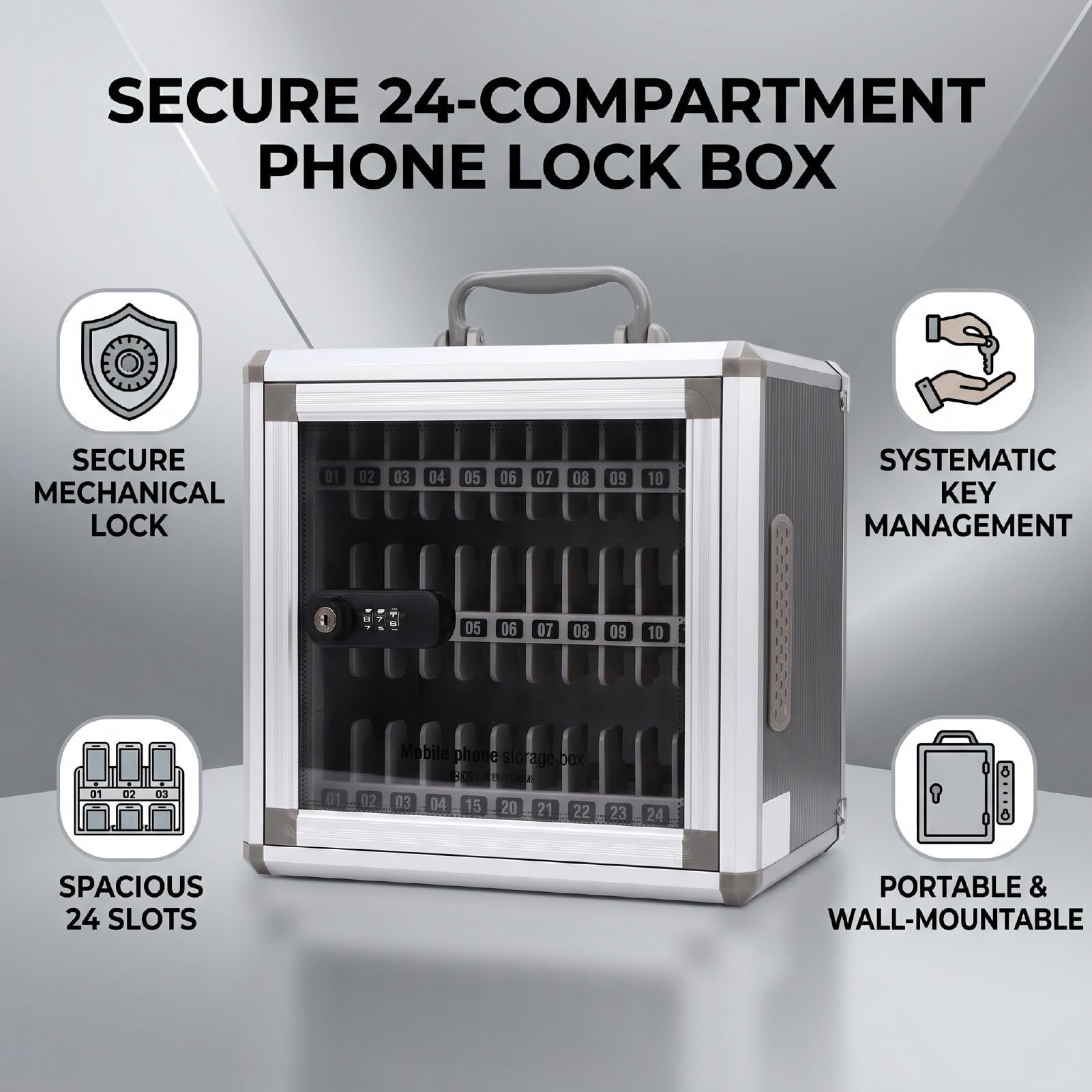Luocute Cassetta di Sicurezza per Telefono a 24 Scomparti, Armadietto per Telefono con Combinazione Meccanica con Portachiavi per Aula, Ufficio, Laboratorio Scolastico